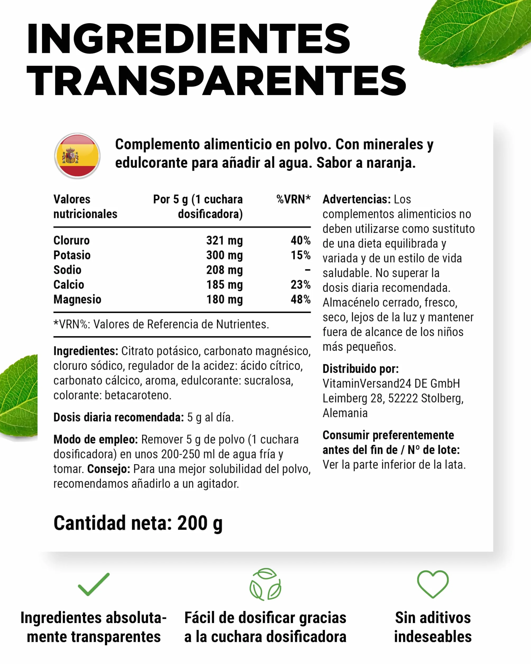 vit4ever Electrolitos 200 g 40 Porciones Fórmula de Hidratación Sin Azúcar Vegano Sabor Naranja