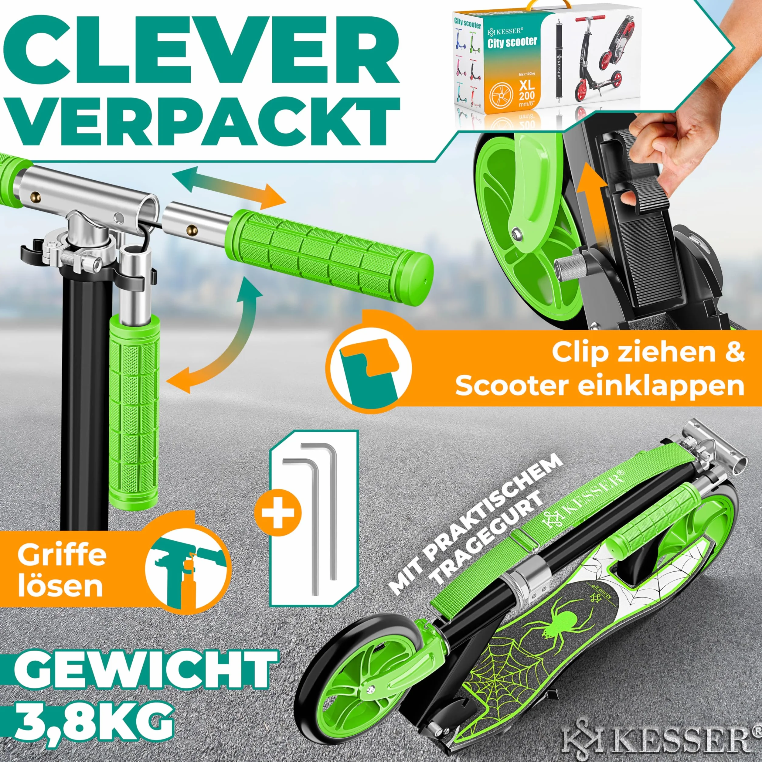 KESSER City Scooter Plegable para Niños, Patinete Regulable en Altura hasta 100 kg, Freno Trasero