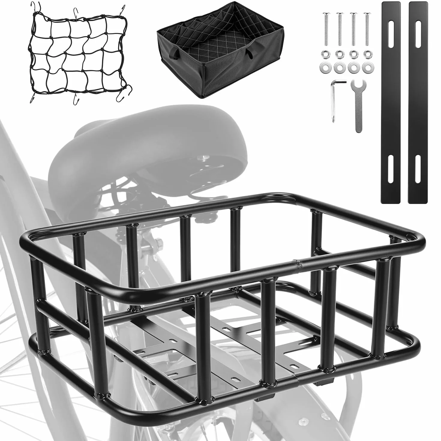 QWORK® Cesto Bicicleta Trasero, Gran cesto Metal con Red de Carga y Forro, para la mayoría de Bicicletas y Bicicletas eléctricas