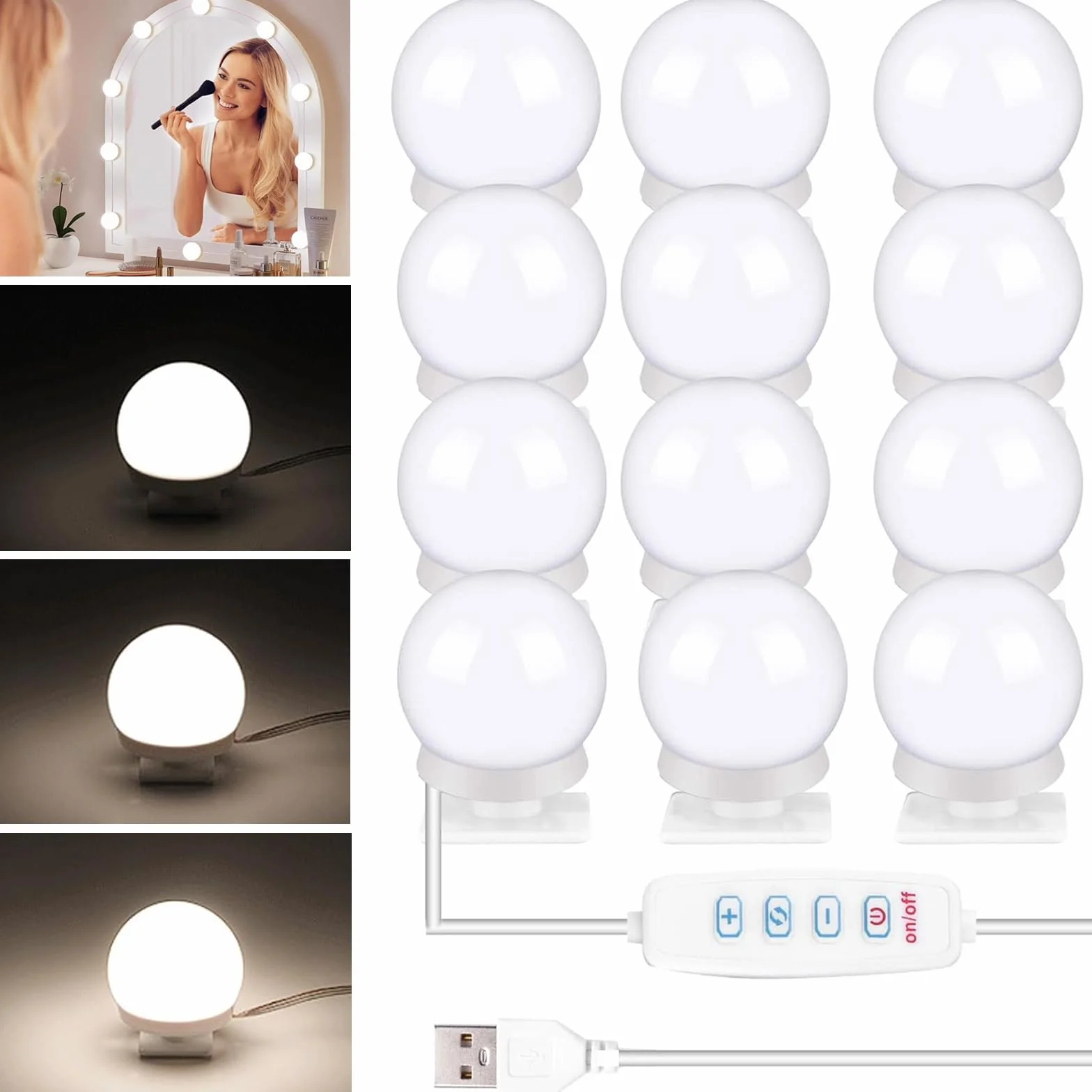 Luz de Maquillaje LED con 12 Bombillas Regulables, 3 Modos de Color para Tocador