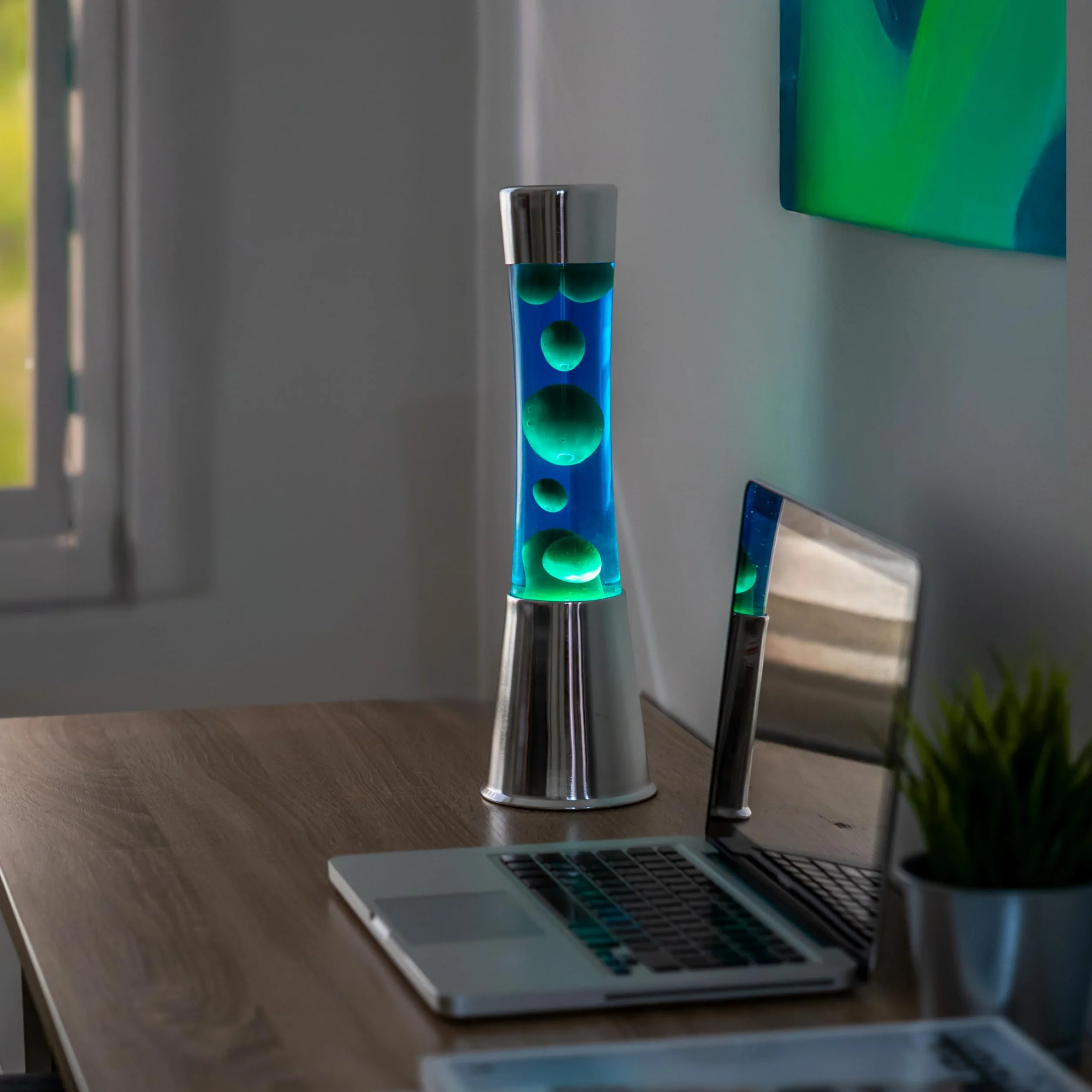 Fisura Lámpara de lava verde y azul 11 cm base cromada con bombilla de repuesto