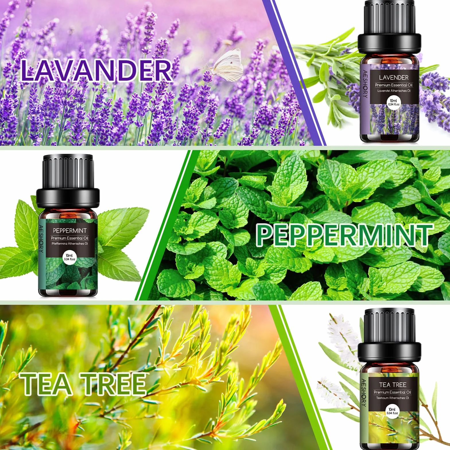 Aceites Esenciales para Humidificador 6 x 10ML, Set de Aceites Aromáticos Naturales para Difusor, Aromaterapia - Lavanda, Menta, Árbol de Té, Eucalipto, Naranja Dulce