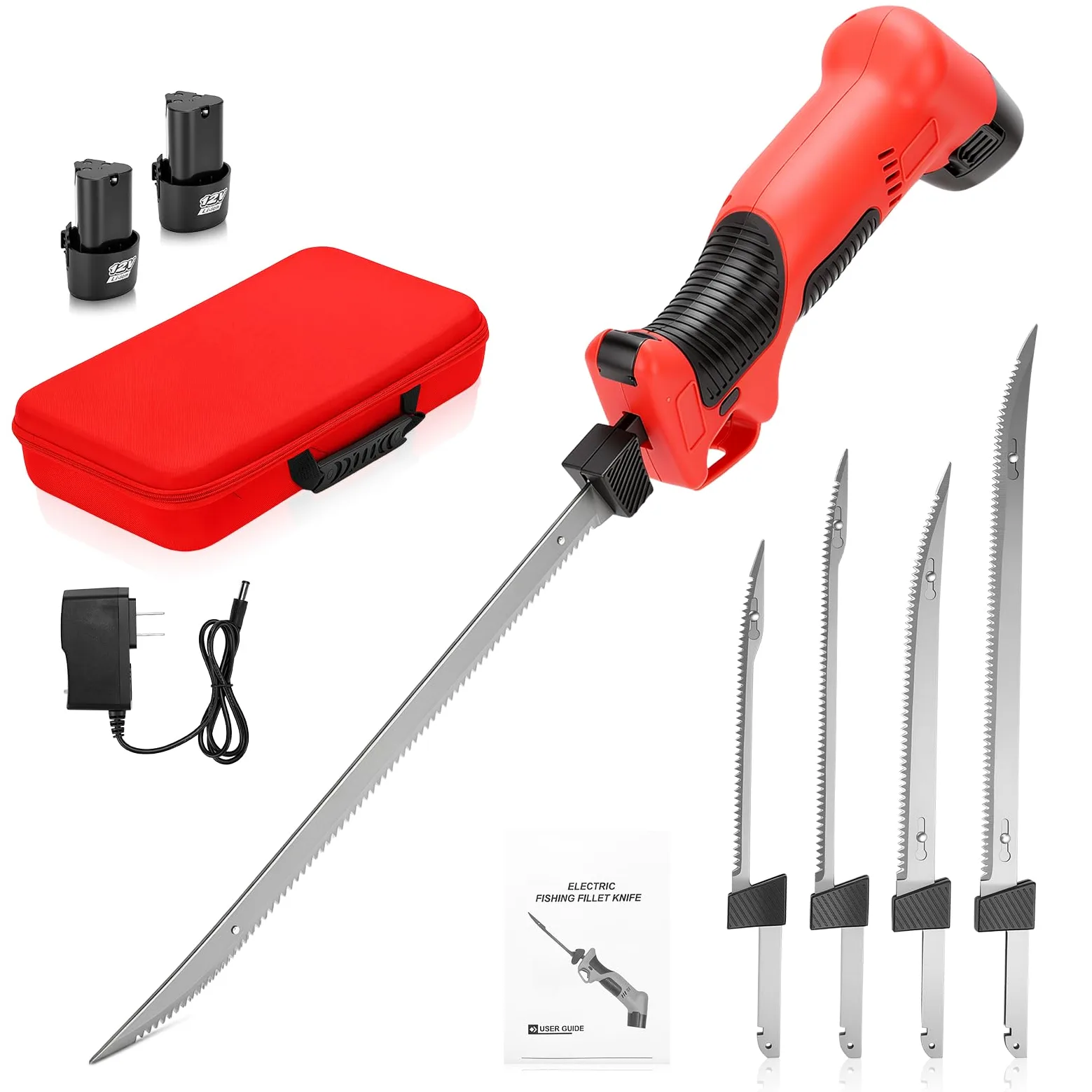 Cuchillo Eléctrico Cuchillo Eléctrico Inalámbrico para Filete con 4 Cuchillas de Acero con Alto Contenido de Carbono 26-39 Cm 2 Baterías Mango Antideslizante Interruptor