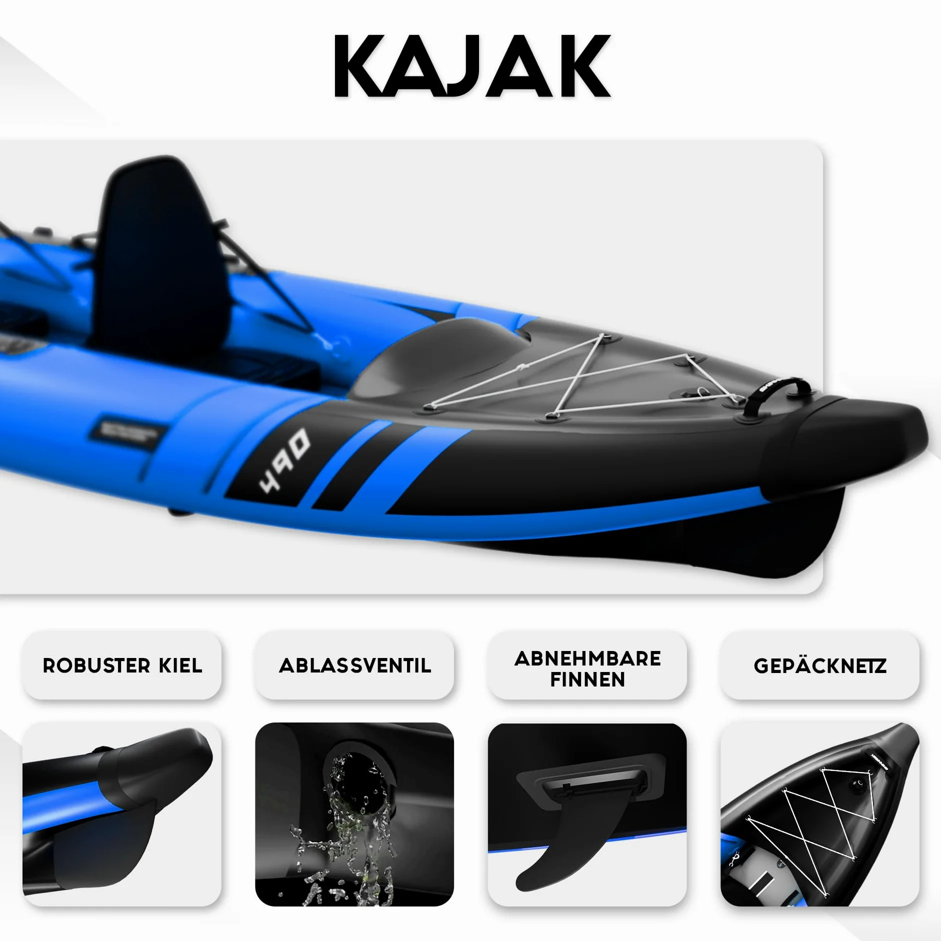 SKINHAWK Prestige Blue Kayak Set 490 – Barco inflable – Canoa – 490 x 96 cm – Kayak para 3 personas