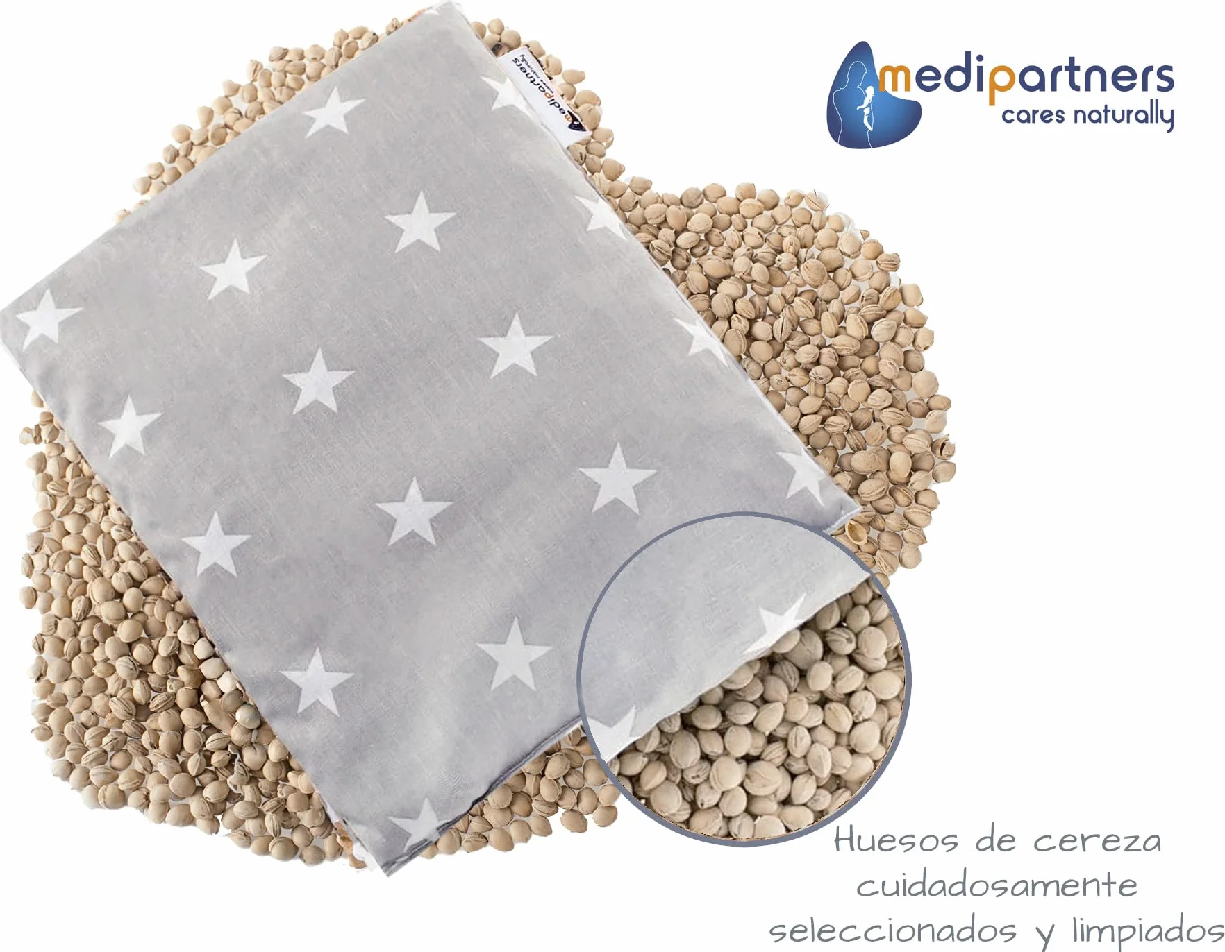 Saco de Semillas para Microondas 20x25cm 500g 100% Algodón Cojín Térmico Estrellas blancas sobre gris