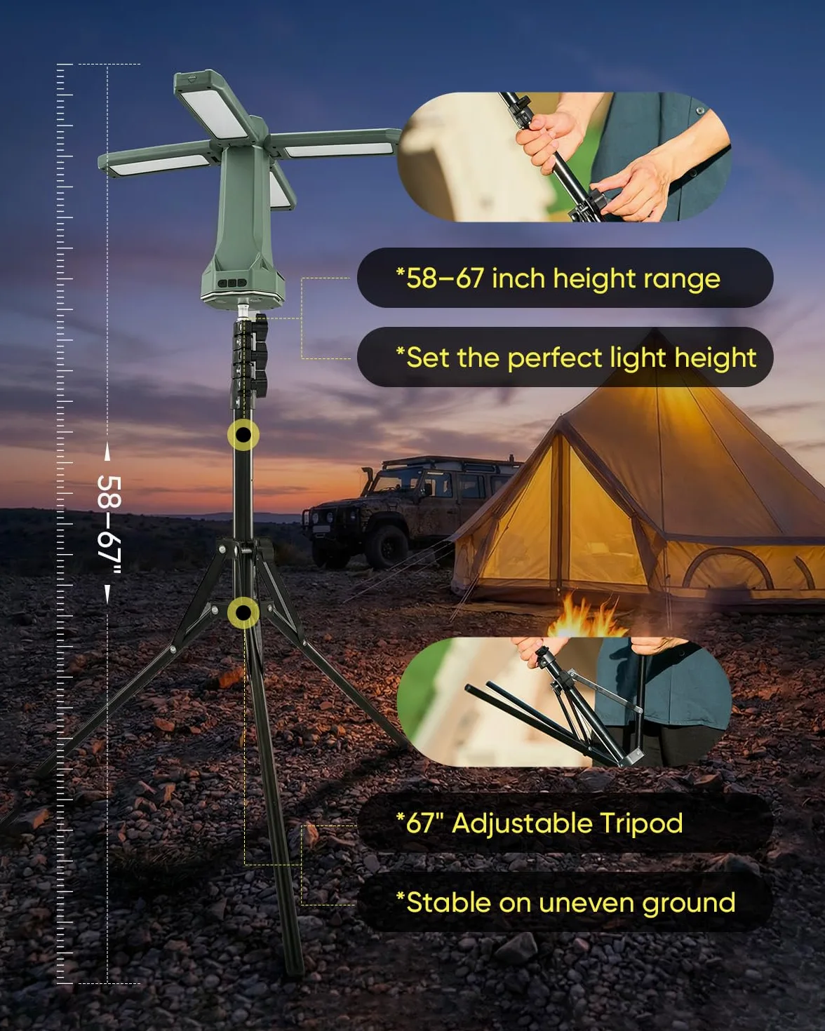 SakerNeo Linterna de camping y linterna recargable, 6500 lm, batería de 20000 mAh, 3 modos de color con base magnética, trípode ajustable (58-67 pulgadas) para camping, emergencia, luz de trabajo