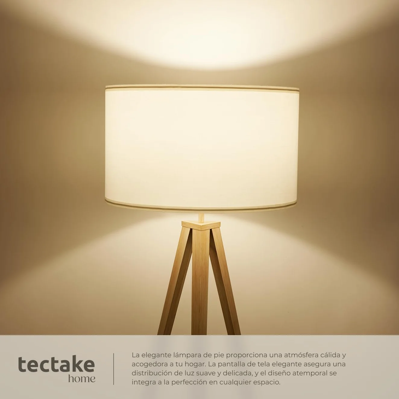 Tectake Lámpara de Pie Roble Trípode Acero Pantalla Lino Lectura Moderna