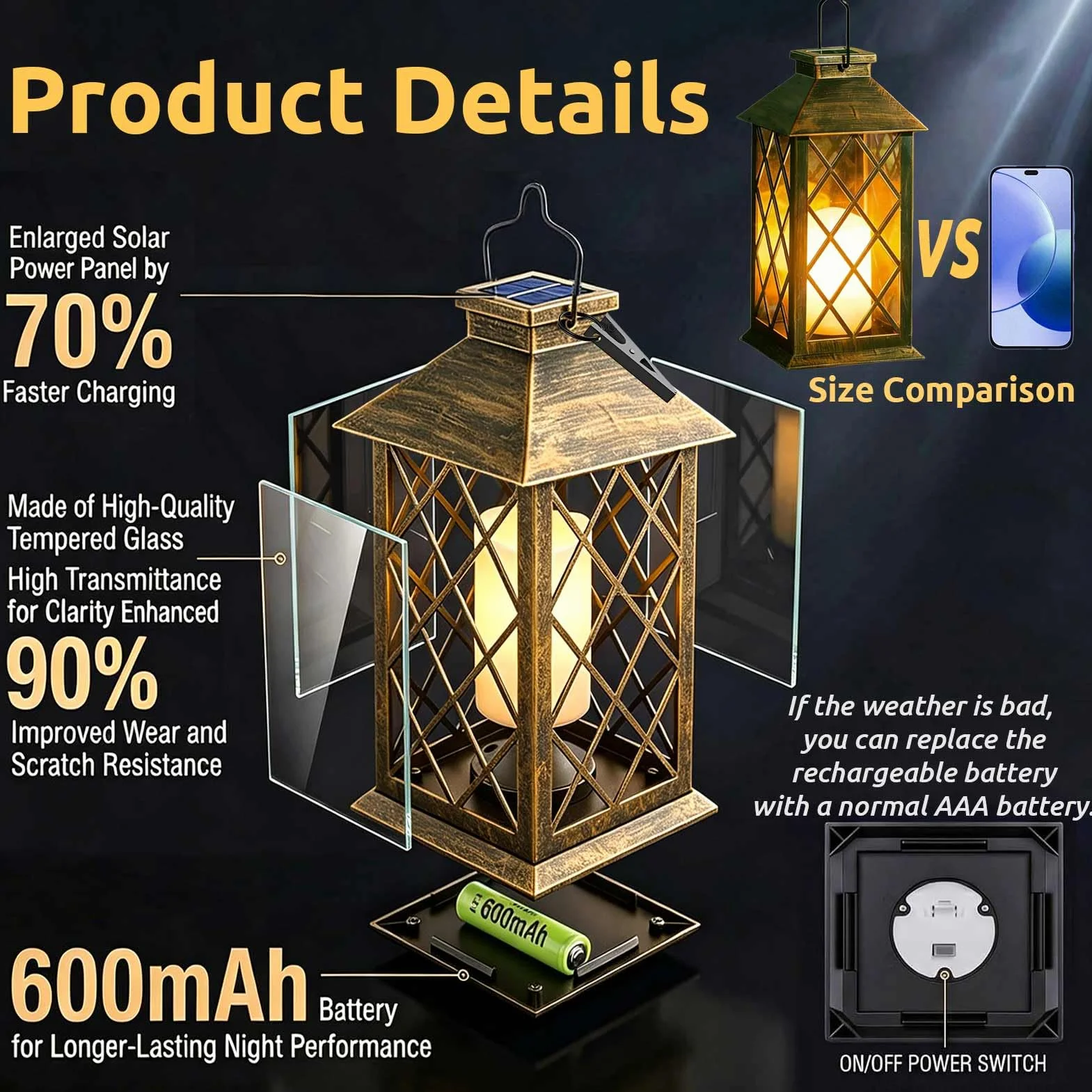 Joycome Farolillos Solares Exterior 2 Piezas Lampara Solar Jardin Vela Parpadeante Impermeable Decoracion Terraza Bronce