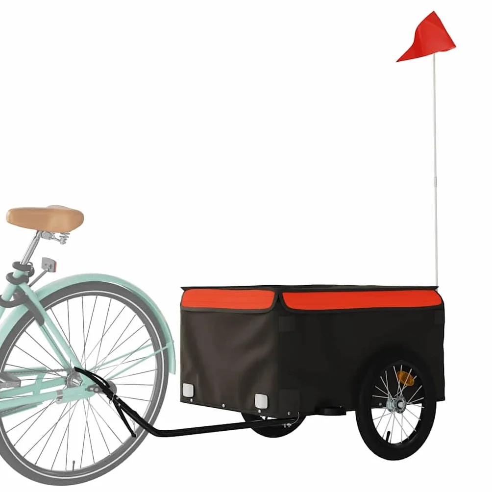 Remolque de bicicleta negro y rojo de hierro con capacidad de carga, 134 x 69 x, con barra de tracción y bandera de seguridad para cargas, transporte, compras y uso al aire libre