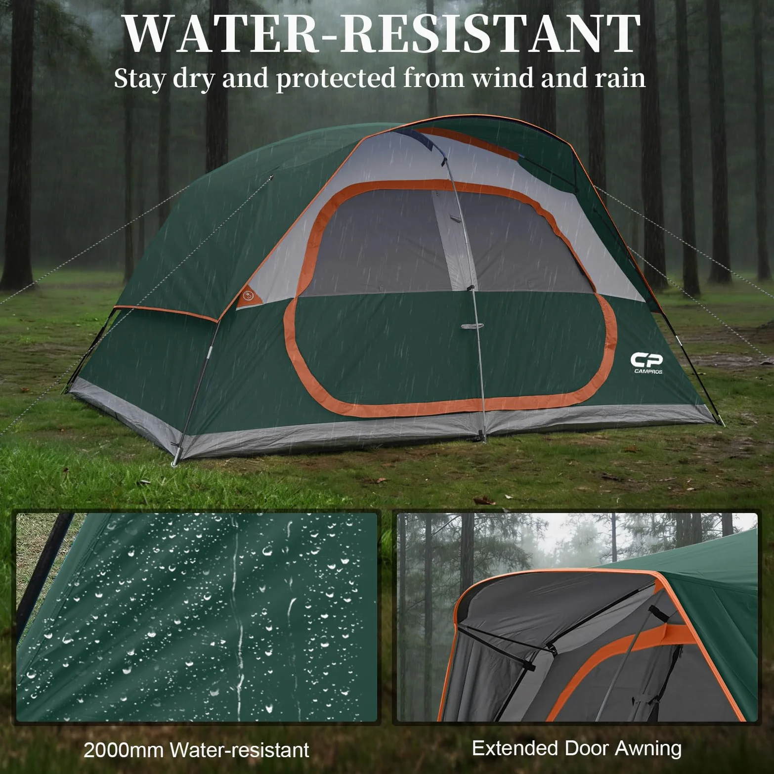 CAMPROS CP Tienda de Camping 6-8 Personas, Tienda Familiar Grande Impermeable y Resistente al Viento, Tienda Domo Doble Capa con Ventanas de Malla, Montaje Rápido, 4 Estaciones con Doble Techo y Bolsa