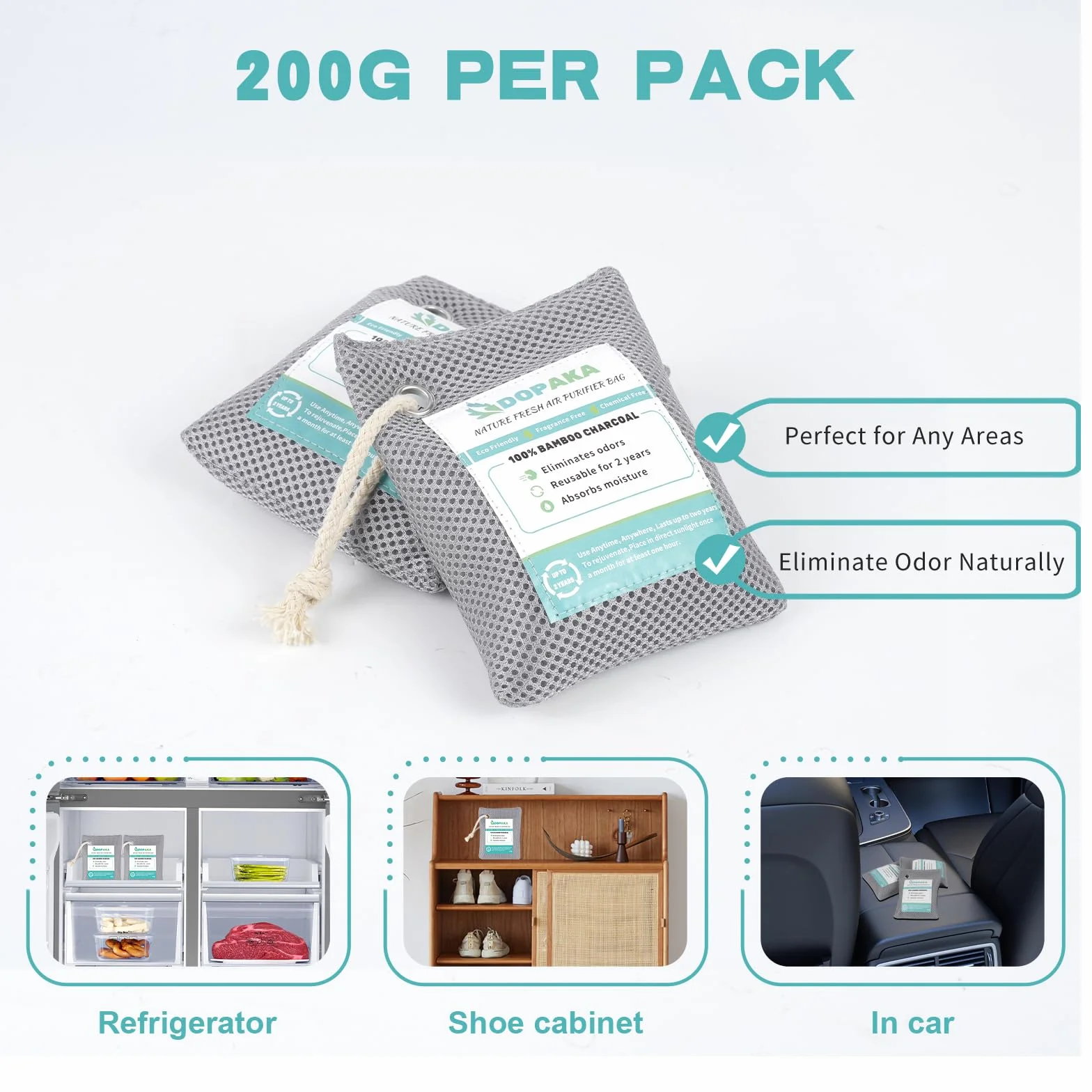 Bolsas purificadoras de aire de carbón de bambú activado 200g x 6 para habitaciones armarios zapatos coche