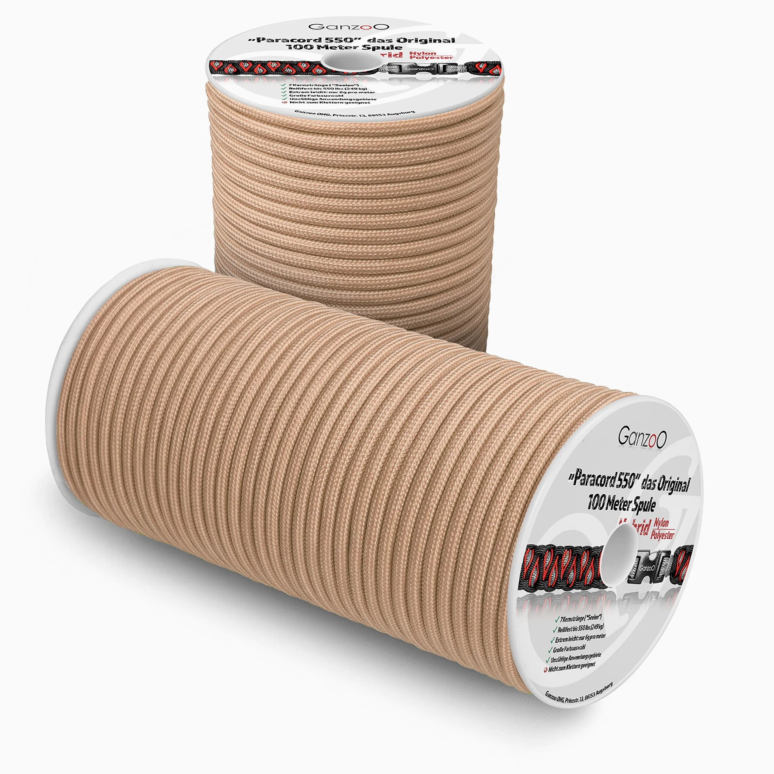 Ganzoo Paracord 550 cordón de 4mm tipo 3 híbrido nylon poliéster, color sandcastle, 32 trenzas exteriores y 7 hebras, 100 m para pulseras de supervivencia, llaveros, correas de perro y cuerda multiuso