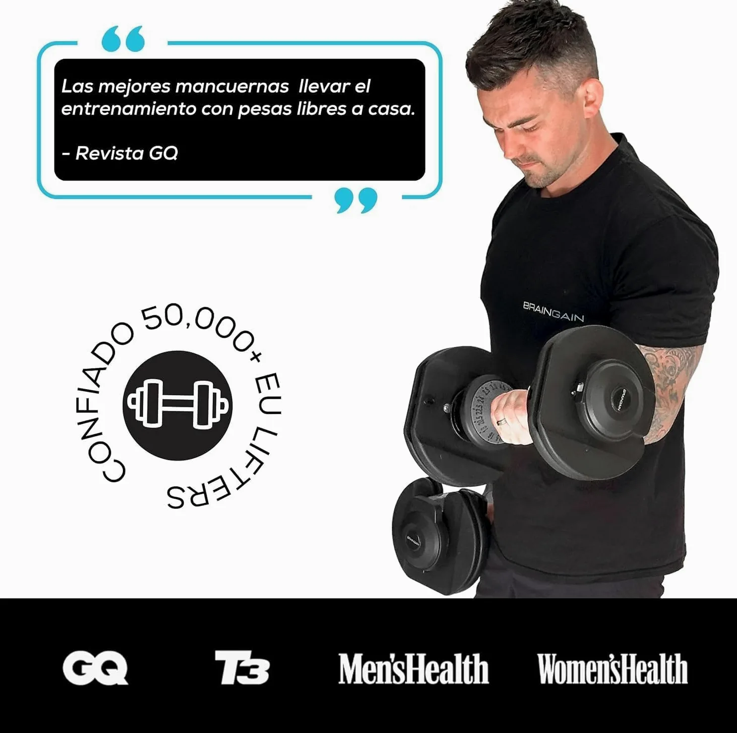 BRAINGAIN Juego de mancuernas ajustables 18 en 1 de 25 kg y 36 kg | Mancuerna que ahorra espacio para entrenamientos de gimnasio en casa | 18 mancuernas en una | Tecnología Smart Click | Mejor en su