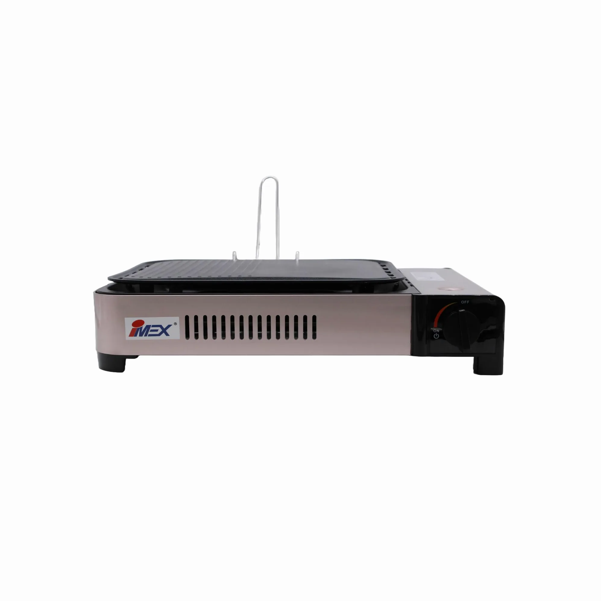 IMEX Hornillo de gas 2 en 1 y parrilla de gas, incluye parrilla, sartén, tapa de cristal y maletín, hornillo de camping para interior y exterior, hornillo de gas de camping múltiple