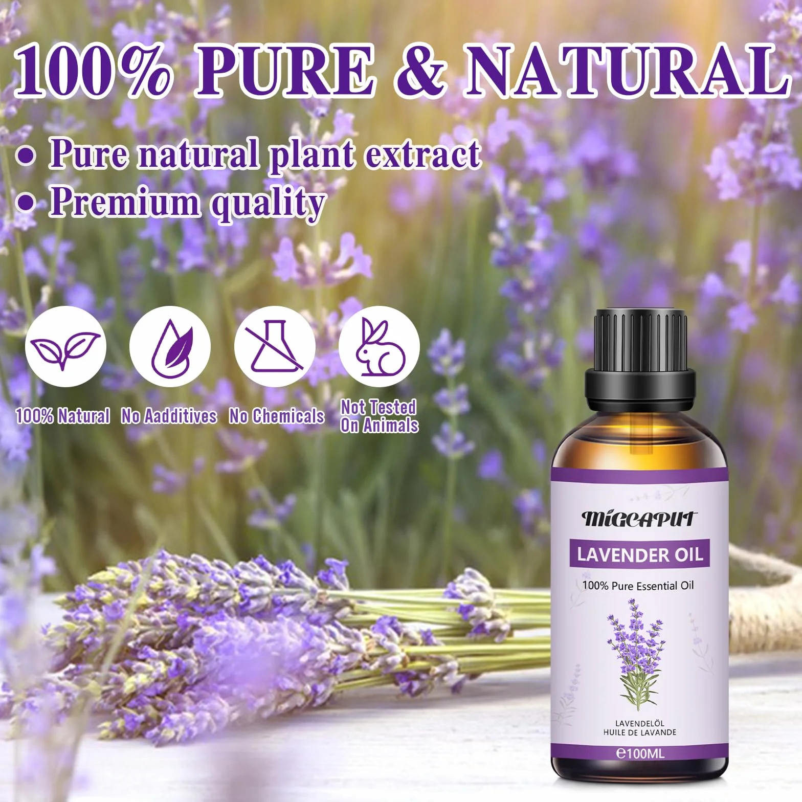 Aceite Esencial de Lavanda 100ML 100% Puro Natural para Aromaterapia, Cuidado de la Piel y Anti Acné