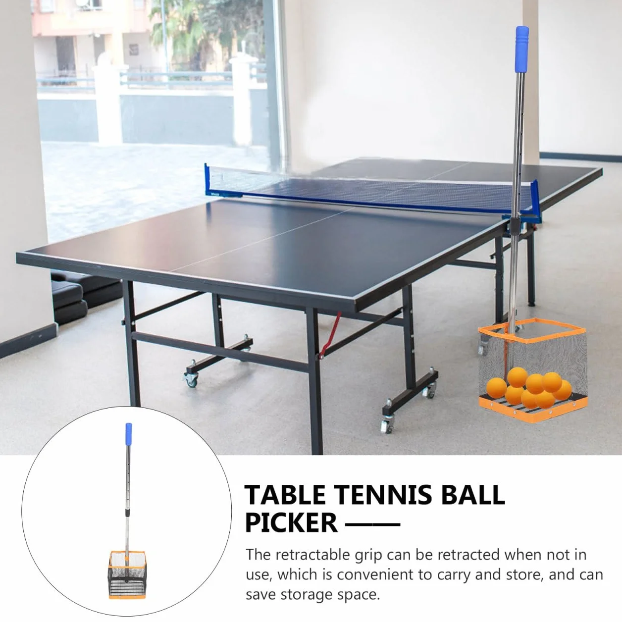 Toddmomy Picador de pelotas de ping pong mango ajustable portátil mesa de ping pong recogedor de pick bolsa de pick de tenis, mango telescópico, recogedor de pelotas de tenis