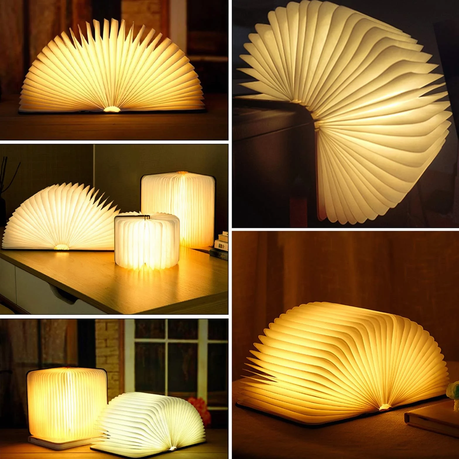 Lámpara LED Libro Plegable Madera 360° USB Recargable 2000 mAh Blanco Cálido