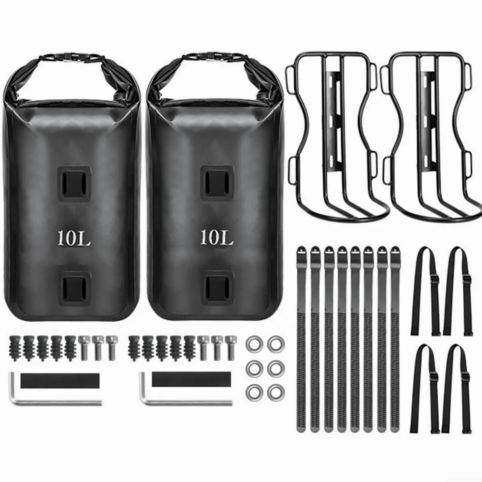 Aleación de aluminio frontal, soporte de horquilla y bolsa de bicicleta impermeable de 10 L, alforja de manillar de nailon, para bicicleta de carretera, soporte de scooter de bicicleta eléctrica