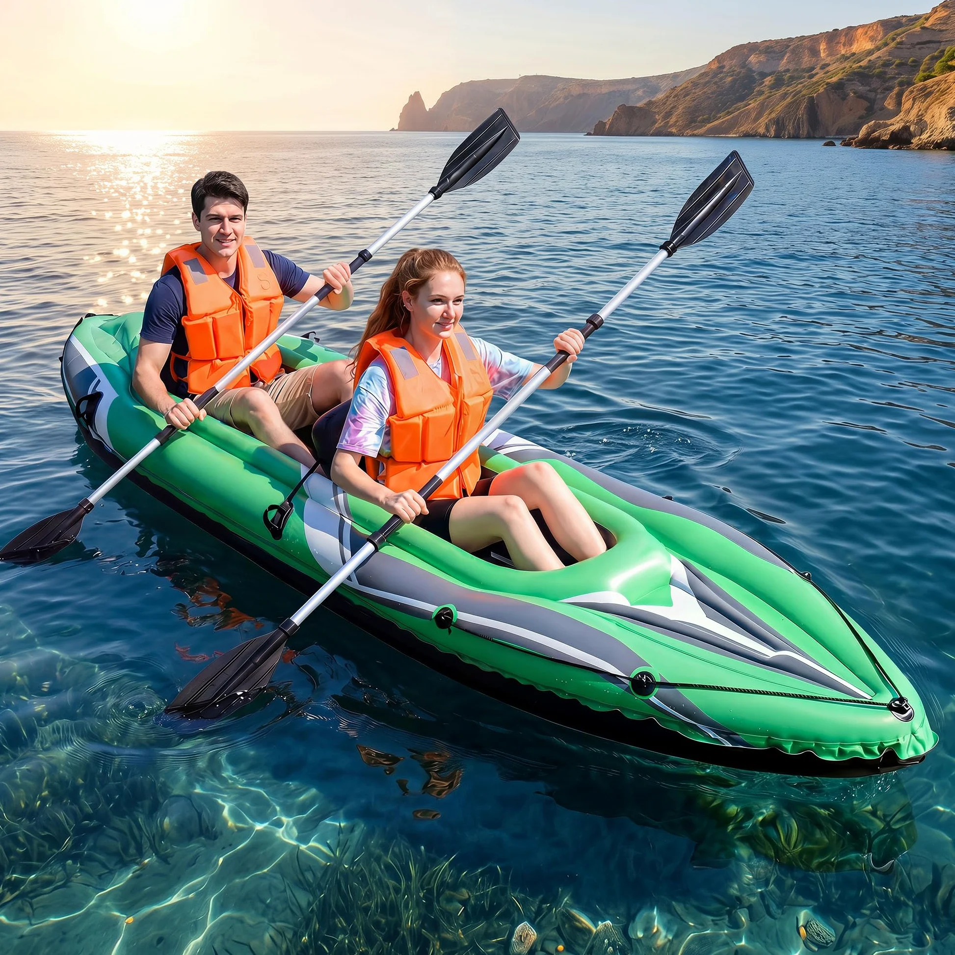 HOMASIS Kayak Hinchable 2 Plazas, para Pesca, Carga 160 kg﻿ | Piragua Hinchable con Remos de Aluminio, Respaldo y Reposapiés Hinchables y Bomba Manual, Kayak Inflable para 2 Personas