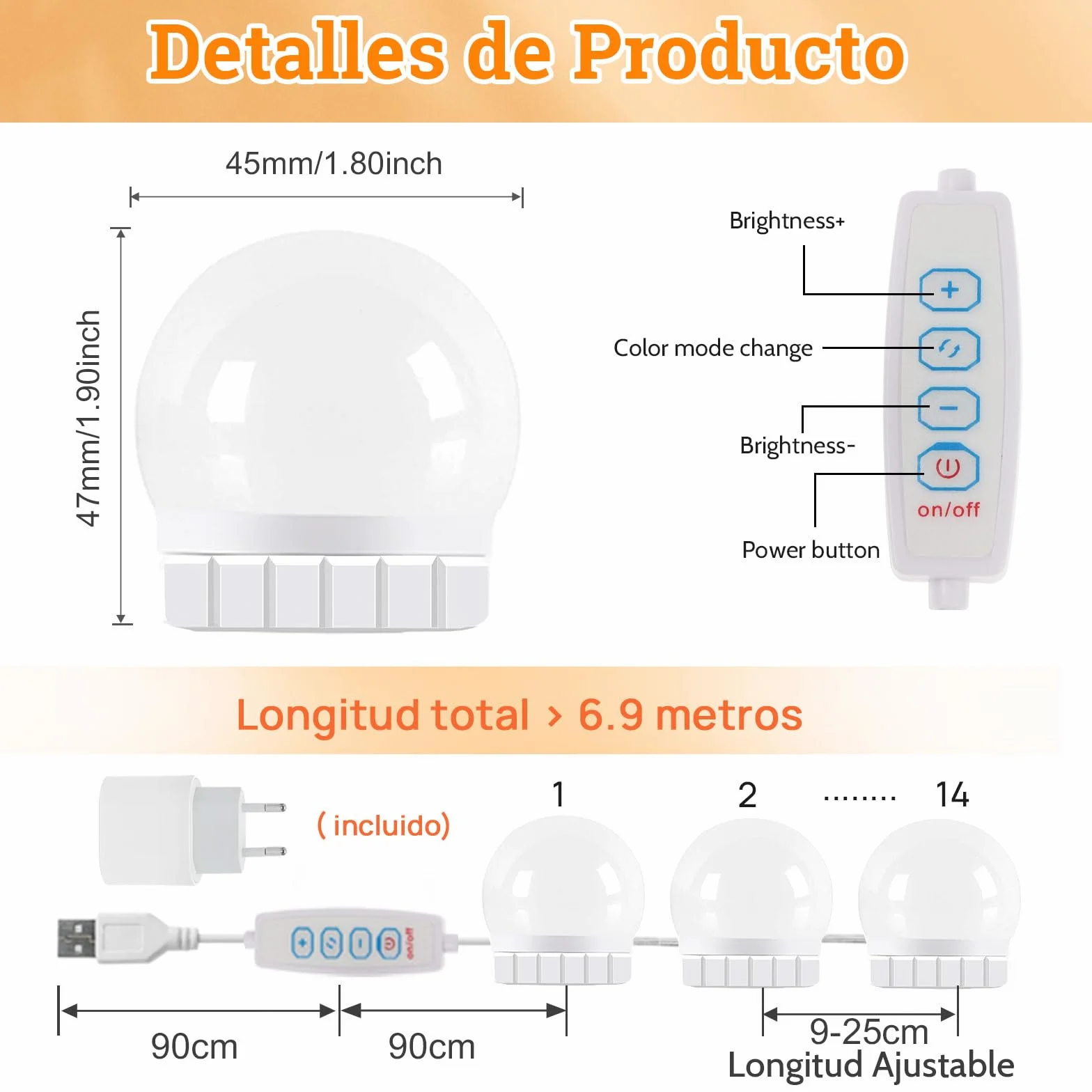 Lumière de Miroir LED Hollywood Dimmable Kit de 14 Ampoules avec Adaptateur USB Câble Réglable 3 Couleurs 10 Intensités