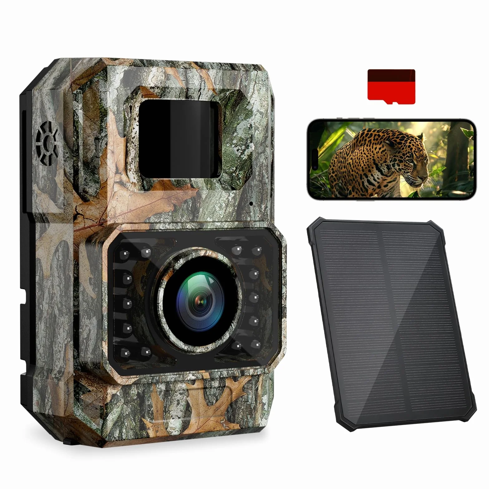 Coolifepro Cámara de Caza Solar, 60MP WiFi Bluetooth Camara Fototrampeo, Batería Interna 2000mAh, No Necesita Batería Extra, Camara Caza para Monitoreo de Vida Silvestre con Tarjeta Micro SD 32GB