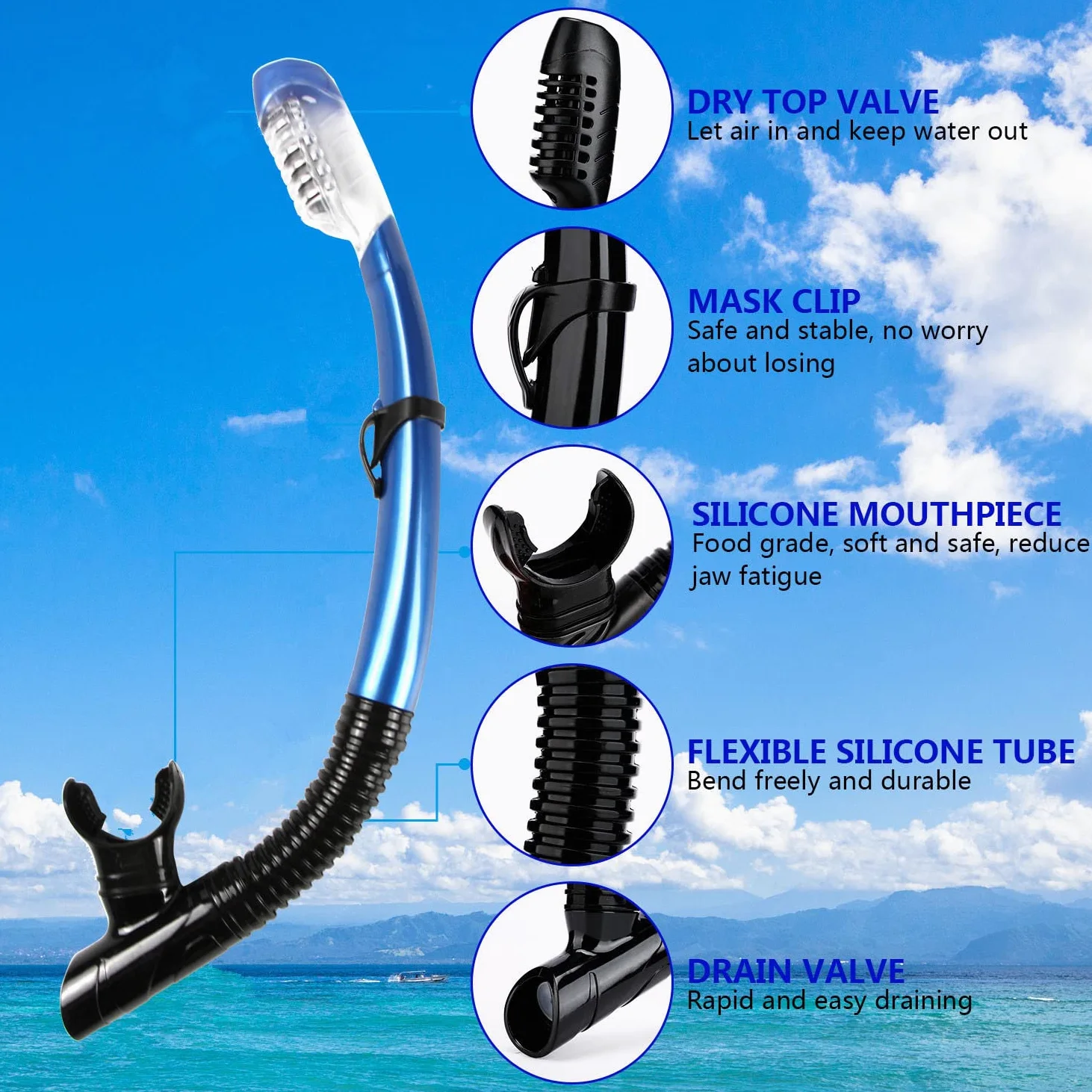 AQUA A DIVE SPORTS Snorkel seco de fácil aliento para esnórquel, buceo, natación, con válvula de secado superior y boquilla de silicona de grado alimenticio para adultos y jóvenes (SN115-1 azul)