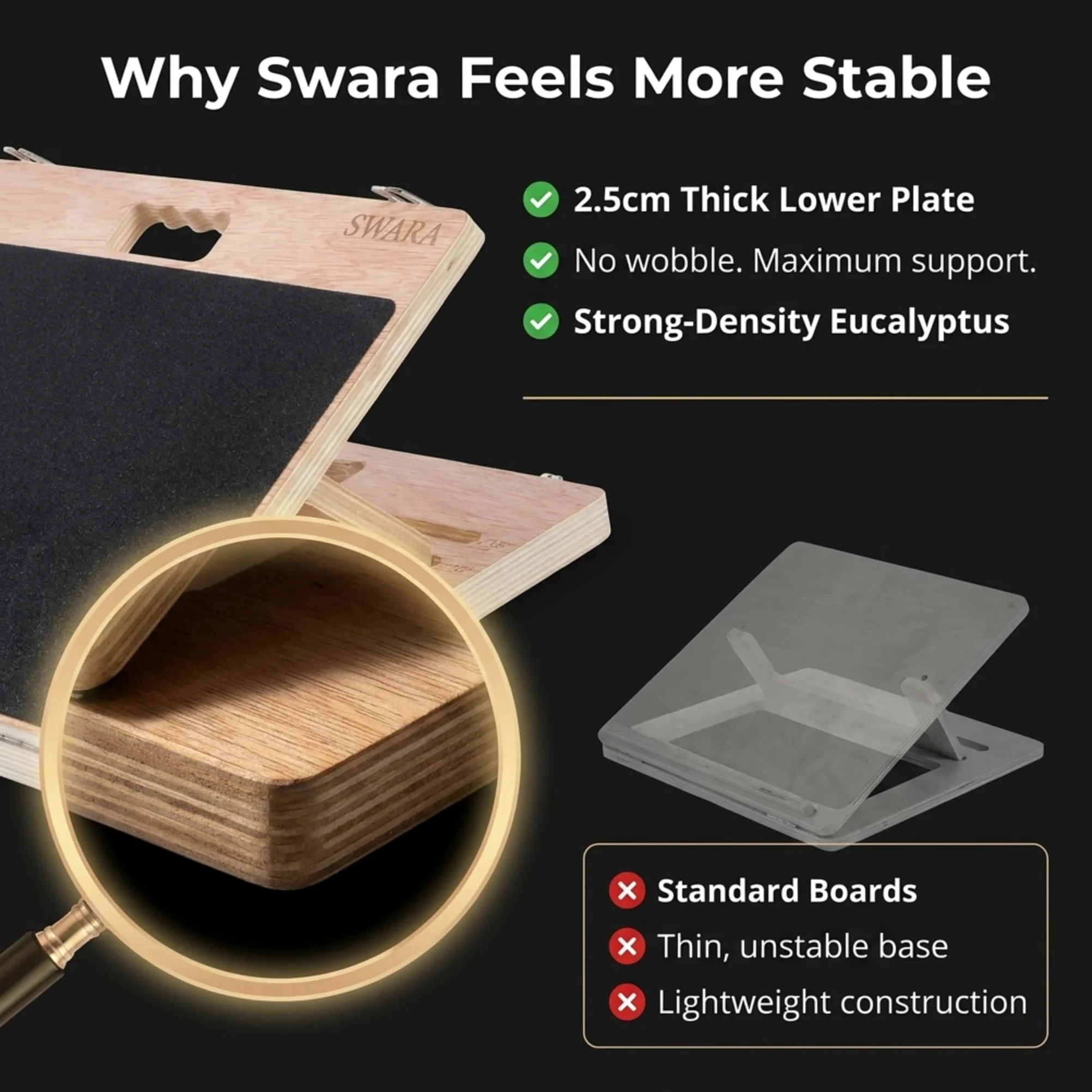 Swara Tabla inclinada de madera portátil profesional, estirador de pantorrilla ajustable, 17 pulgadas de ancho, capacidad de 400 libras, estiramiento de pantorrillas, sentadillas, terapia física,