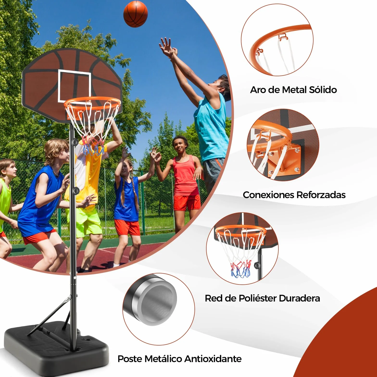 COSTWAY Canasta Baloncesto Exterior Altura Ajustable 3 Niveles 1,72 a 2m Móvil Ruedas Aro Niños Adultos
