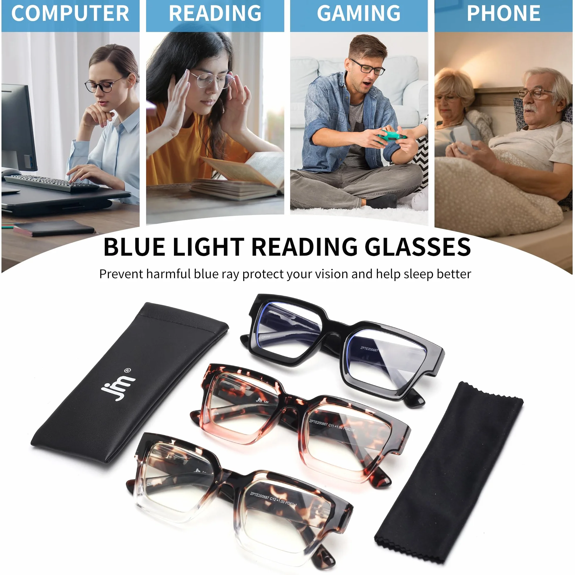JM Paquete de 3 Gafas de Lectura Cuadrados con Bloqueo a Luz Azul para Mujeres y Hombres