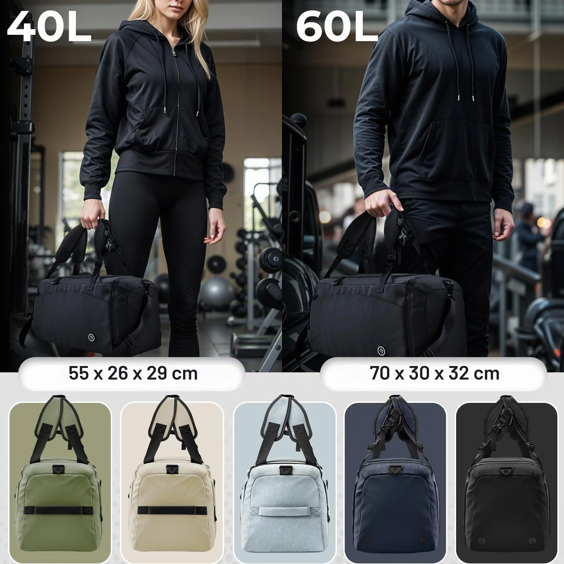 bemaxx Bolsa Deporte Hombre Mujer Bolsas de Viaje Compartimento Zapatos Ropa Mojada 40/60L Mochila 30/50L Fitness Gym Duffle Bag Travel