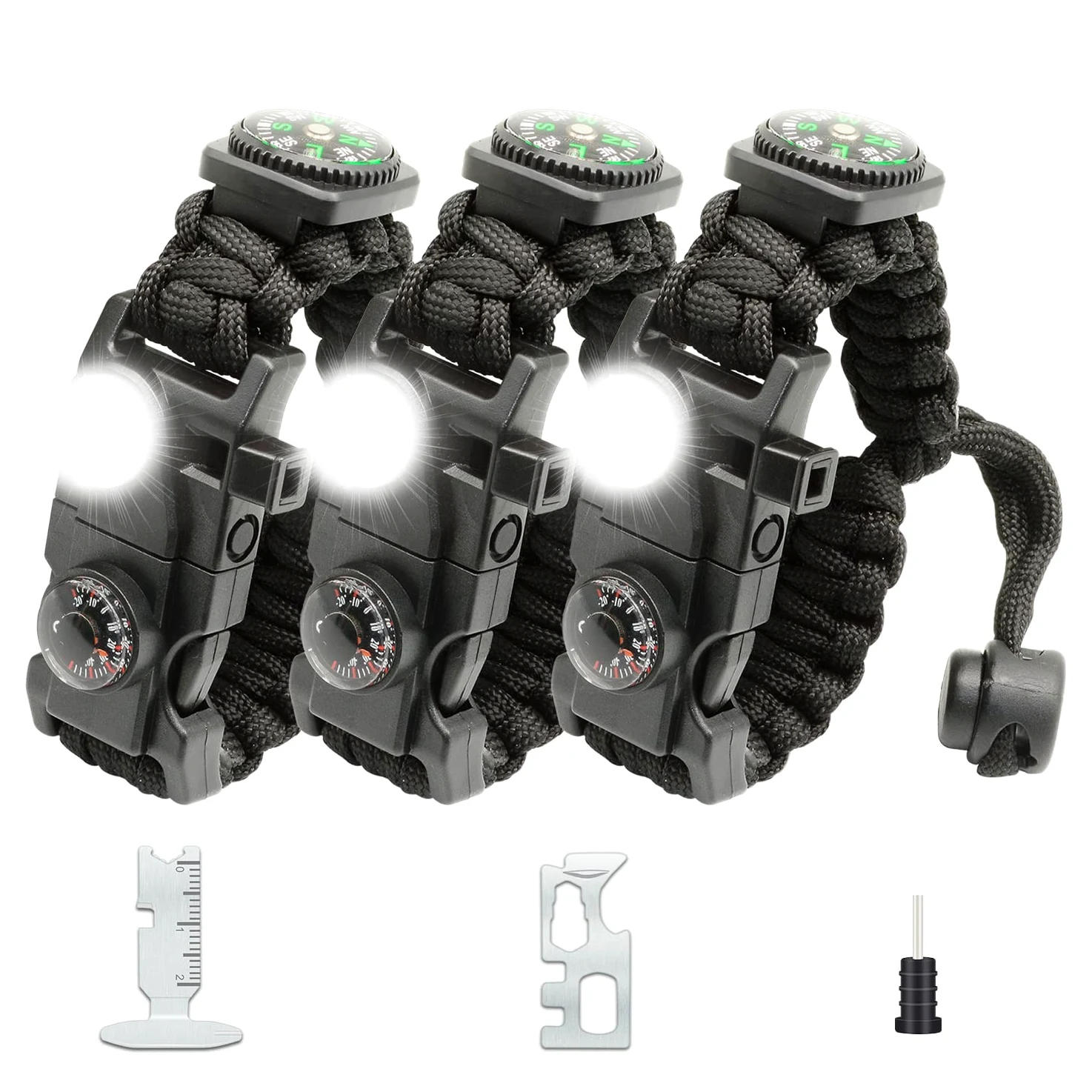 20 in 1 Survival Paracord Bracelet Adjustable Gear Kit with SOS LED Light, Fire Starter, Bigger Compass, Survival Whistle, Perfect for Camping, Hiking, Fishing