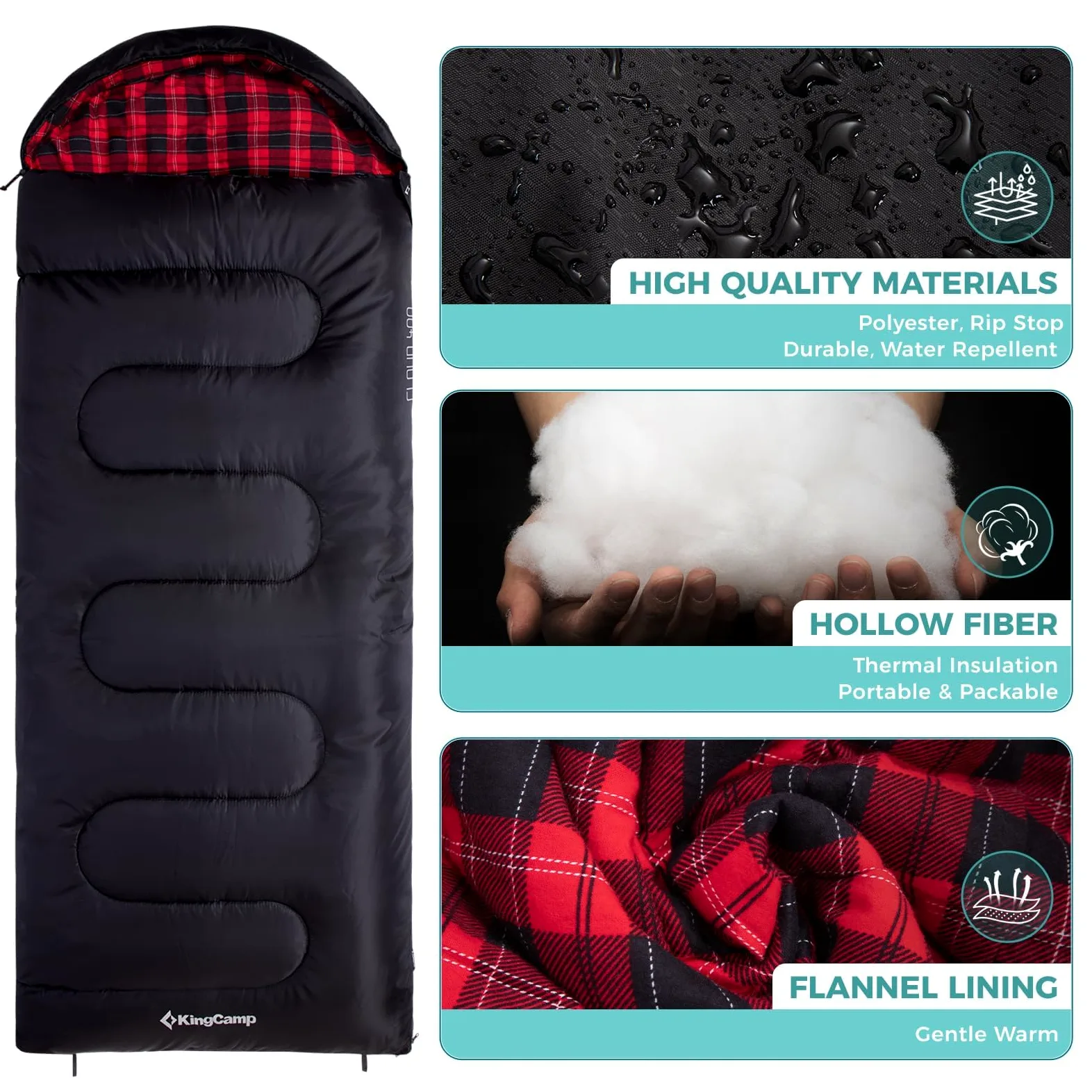 KingCamp for Adults, Winter | Flannel Lined Cold Weather 4 Season Sleeping Bag Sacos de Dormir Grandes y Altos, Ligeros, Resistentes al Agua para Camping, mochileros, Senderismo, Color Negro Derecho