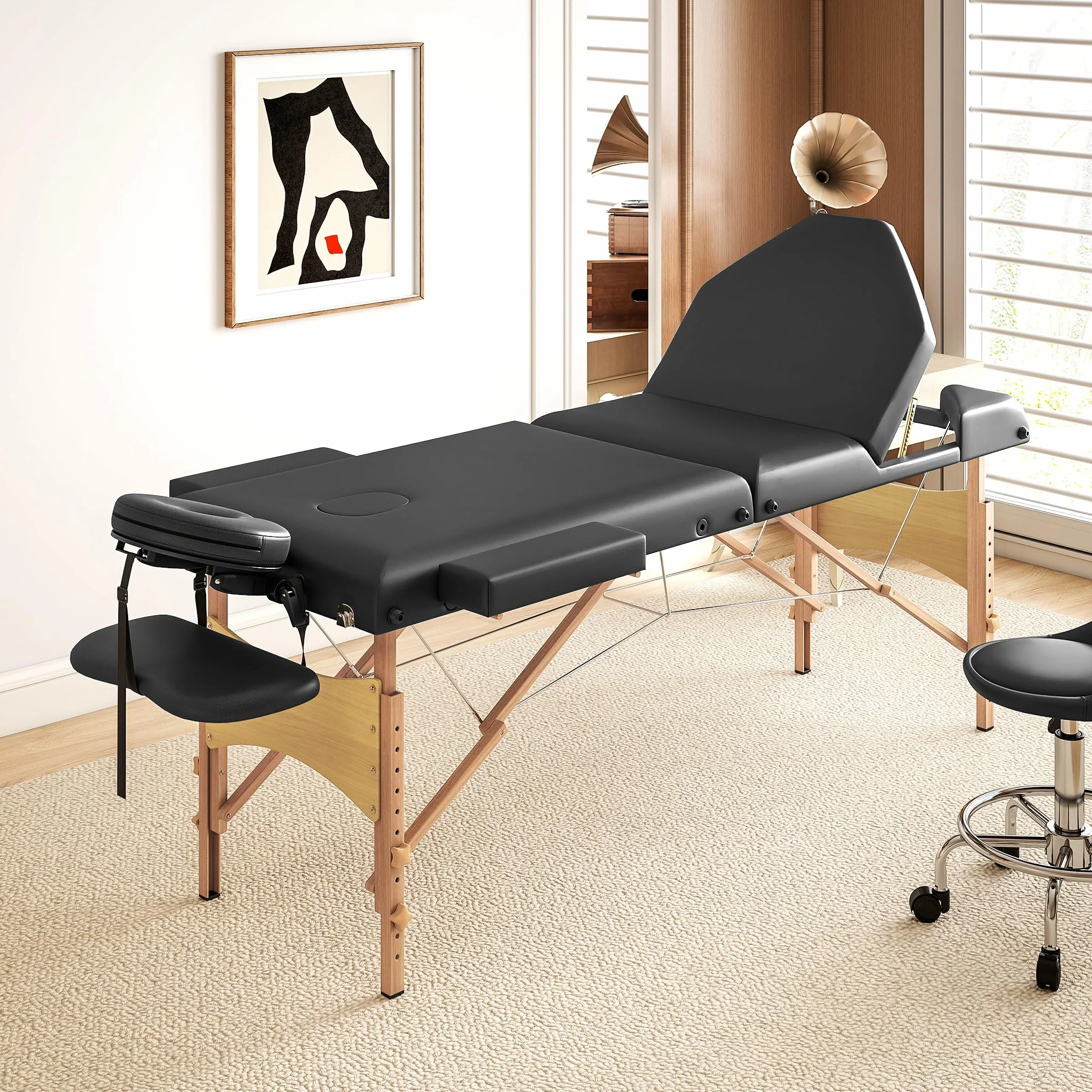 HOMCOM Camilla Masaje Plegable Portátil 3 Zonas Madera Altura Ajustable Reposacabezas Reposabrazos Acolchados SPA Tatuajes 215x60x62-89 cm Negro