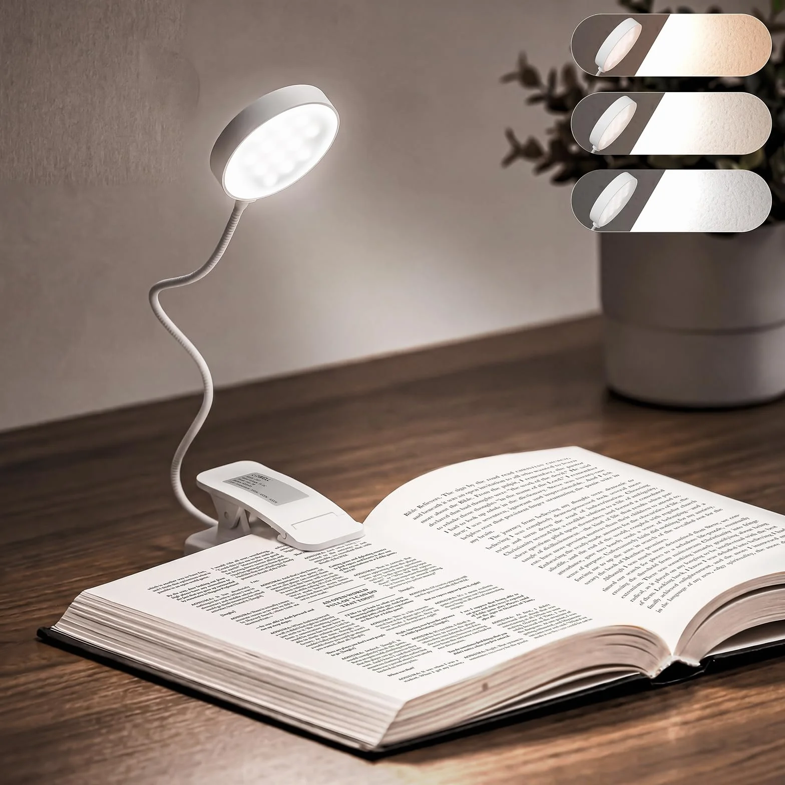 LQWELL 31 LED Luz de Lectura Recargable USB, 3 Temperaturas de Color, Atenuación Continua, Ángulo Flexible 360° Blanco