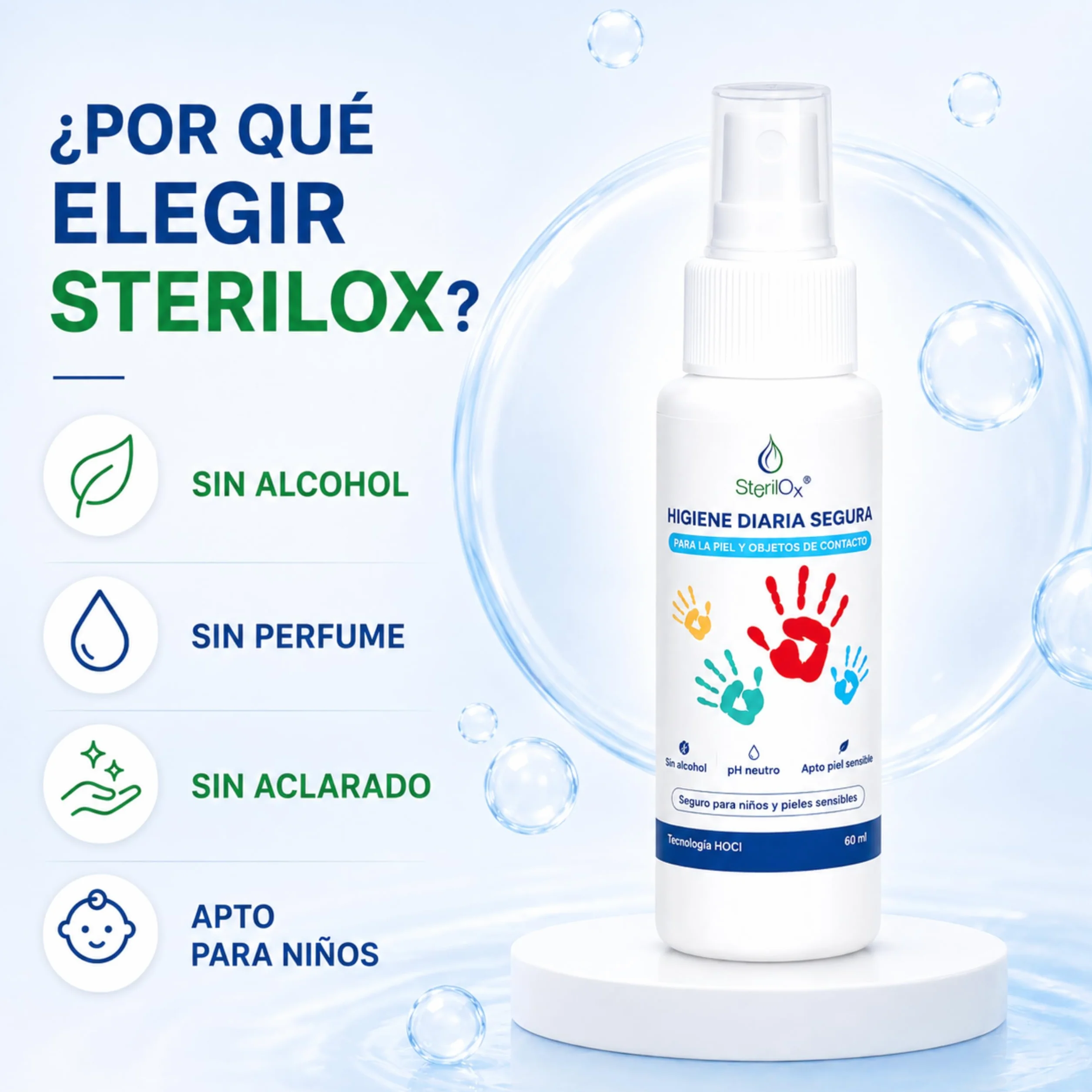 Spray Cosmético Antiseptico 60 ml con Ácido Hipocloroso, Sin Alcohol, Sin Perfume, Seguro para Niños y Mascotas