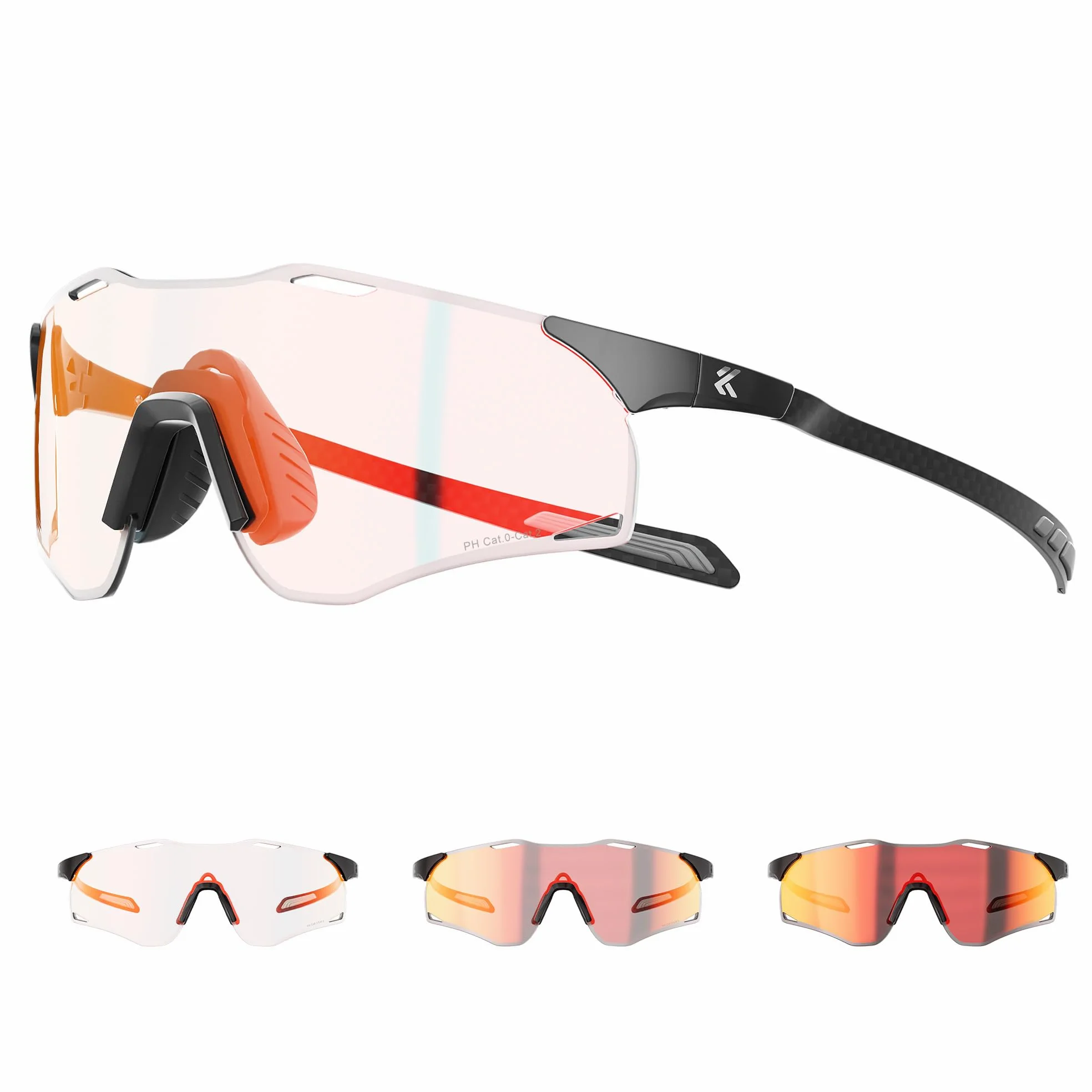 KAPVOE K454I Gafas Deportivas de Ciclismo Fotocromáticas Patillas Carbono | Para hombre y mujer, con patillas ligeras de fibra de carbono, ideales para ciclismo, running, MTB, béisbol y pickleball