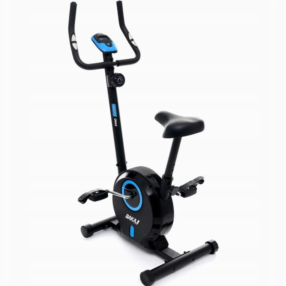 BAKAJI Bicicleta estática para fitness de casa con mango alto y asiento ajustable, bicicleta de gimnasio, spinning bike vertical con pantalla LCD y sensores cardíacos y calorías para entrenamiento de