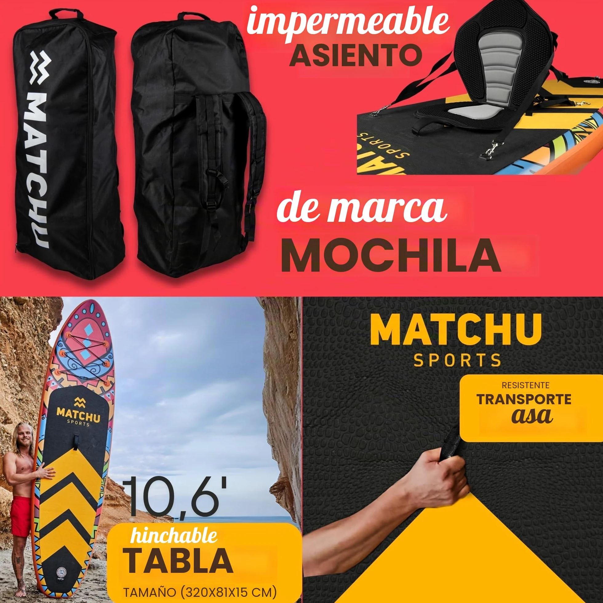 Matchu - Tabla Paddle Surf Hinchable - Set Completo - 320x81x15 CM - 150 KG De Capacidad De Carga