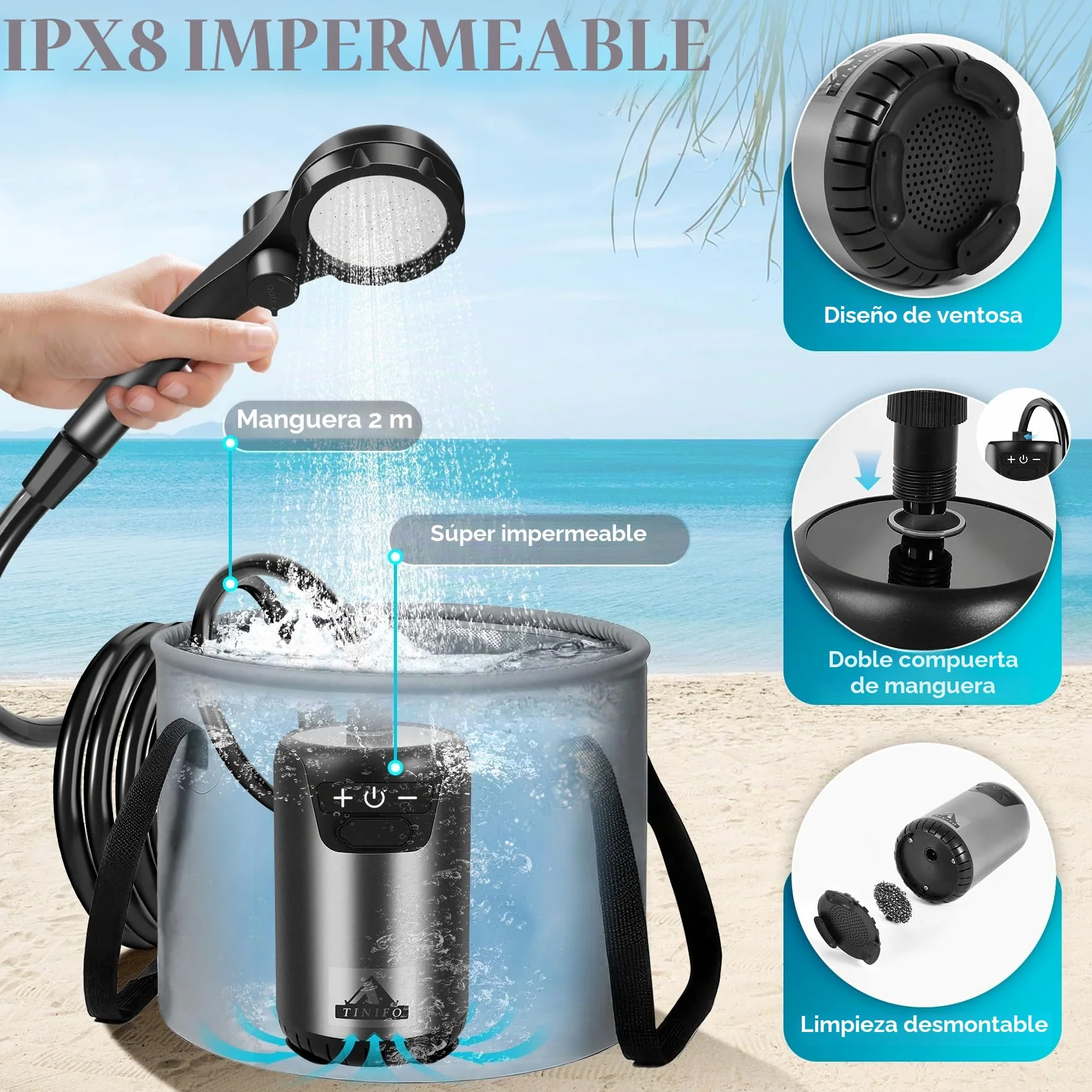 Ducha de camping con bomba, ducha portátil de camping con batería recargable de 8000 mAh, ducha móvil con indicador de temperatura, manguera de 2 m para camping, lavado de coche, ducha de