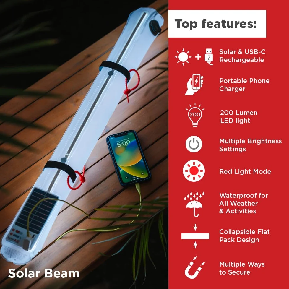 Luminaid Cargador de teléfono de haz solar de 200 lúmenes, color blanco frío o rojo, 5 ajustes de luz, incluyendo intermitente, 50 horas de tiempo máximo de funcionamiento, recargable a través de