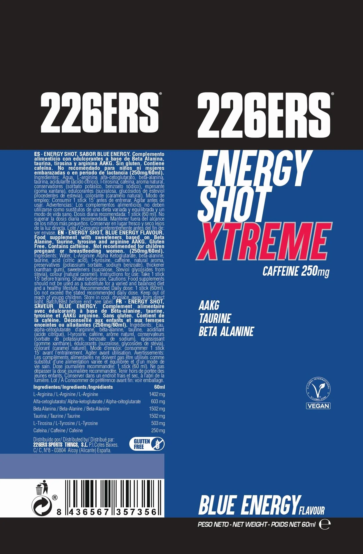 226ERS Energy Shot Extreme Sabor Blue Energy 60 ml Suplemento Alimenticio con Beta Alanina Taurina Arginina Cafeína