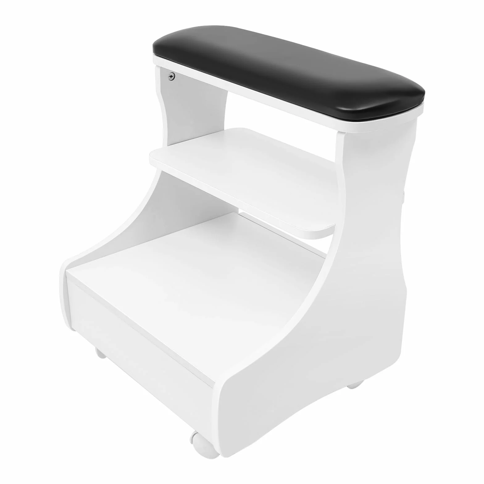 Taburete Pedicuro con Reposapiés, Mueble Rodante para Cuidado de los Pies, Bandeja y Almacenamiento, Negro