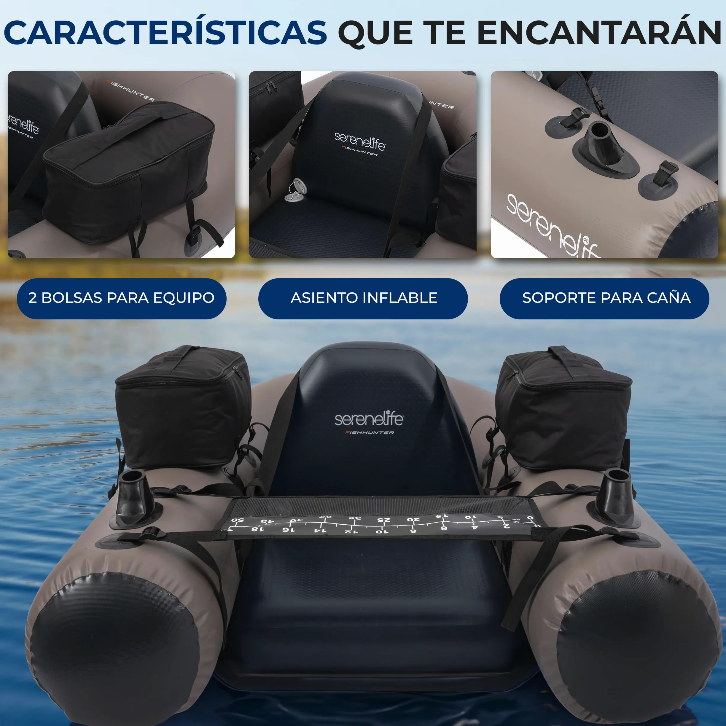 SereneLife Barca Hinchable de Pesca, Asiento Ajustable, Respaldo, con Bolsa de Transporte y Kit de Reparacion