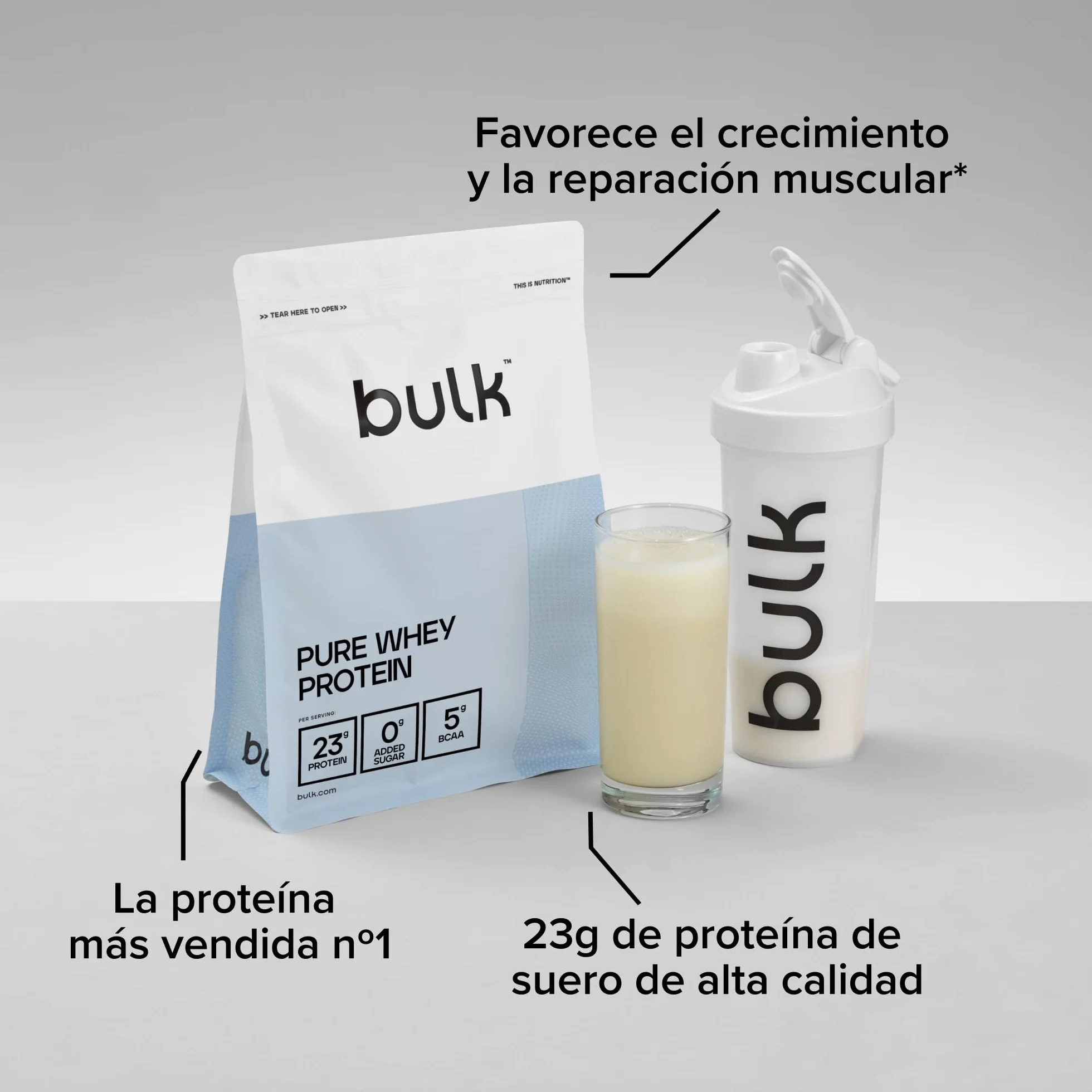 Bulk Pure Whey Proteína en Polvo, Vanilla, 23g Proteína, 5g BCAA, Batido de Whey Concentrado, Bajo en Azúcar, 1kg