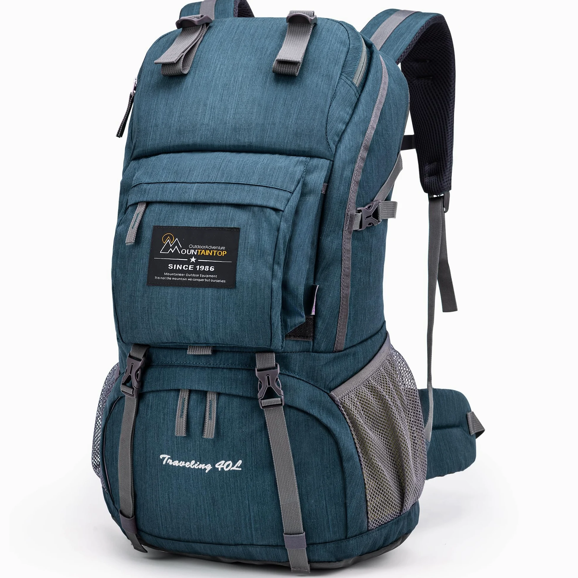 MOUNTAINTOP Mochila de senderismo de 40 litros para mujeres y hombres, para viajes al aire libre, camping, mochila de día con cubierta para la lluvia, 21.7 x 13 x 7.9 pulgadas, color azul ahumado