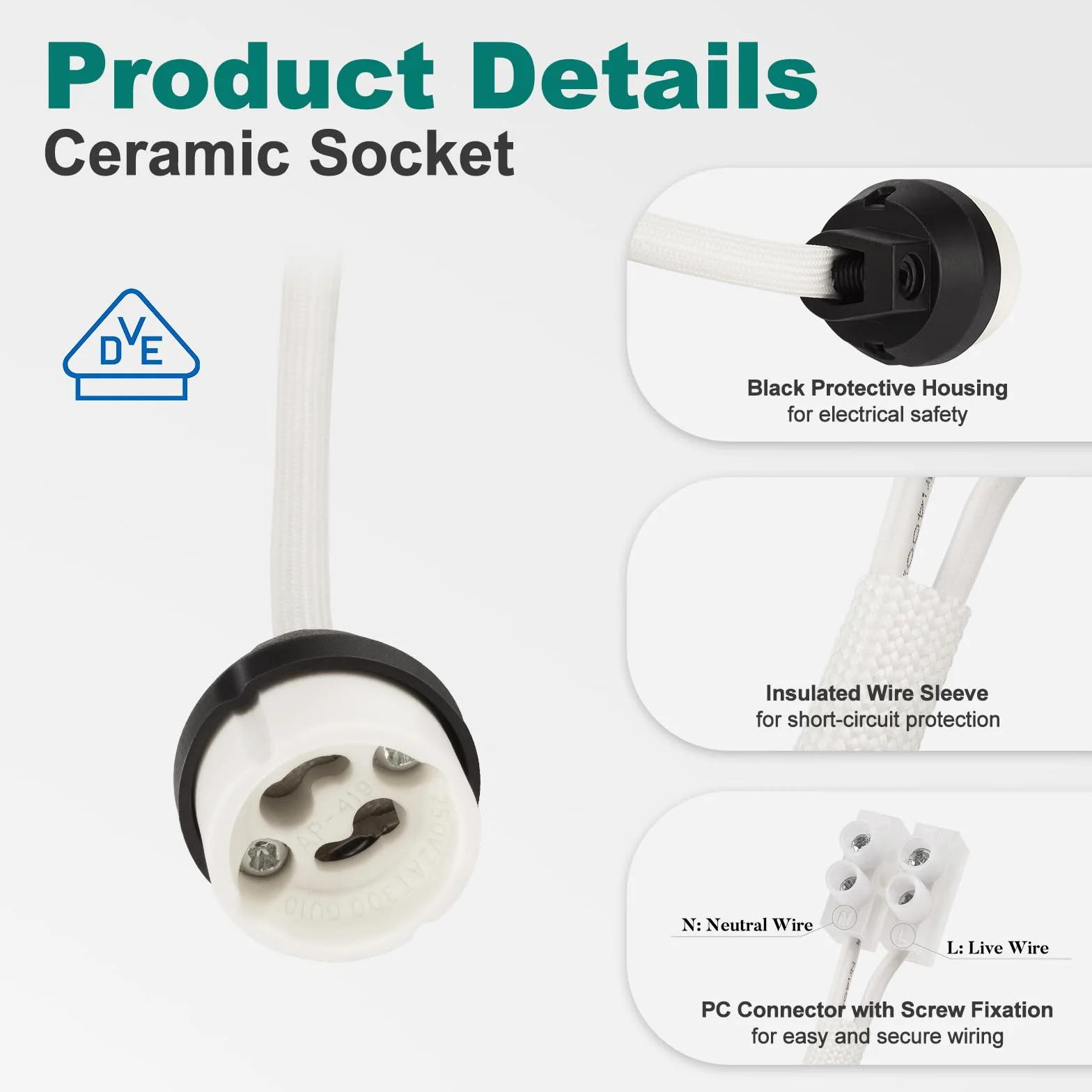 DiCUNO GU10 Portalámparas Base Cerámica 0.75mm² 15CM Cable VDE 2A 0-300W 0-250V 10 Piezas