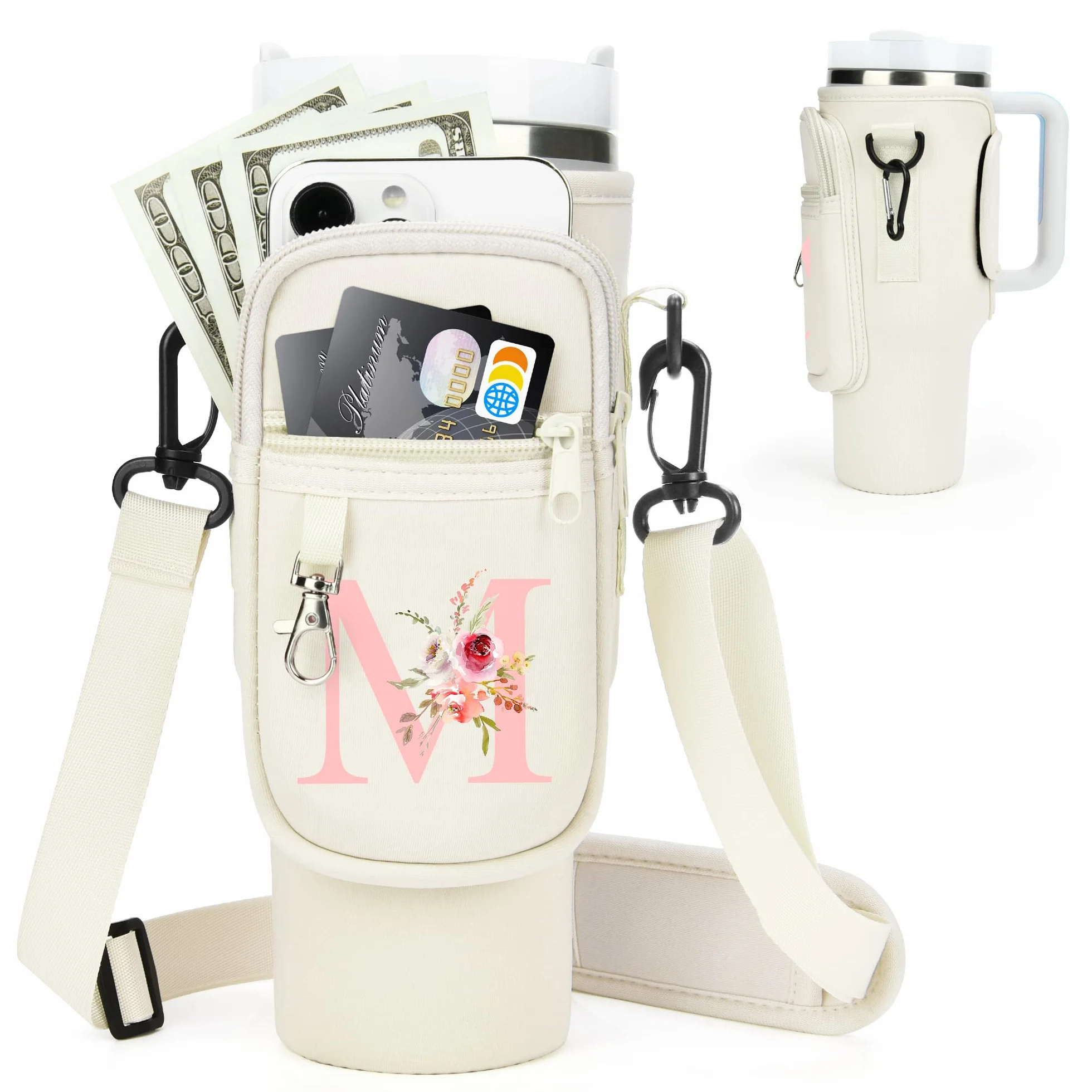 Soporte para botellas de agua M-Z con correa para vaso Stanley de 40 onzas, portabotellas de agua de neopreno con bolsillo patrón para teléfono, regalo personalizado para senderismo Stanley Cup