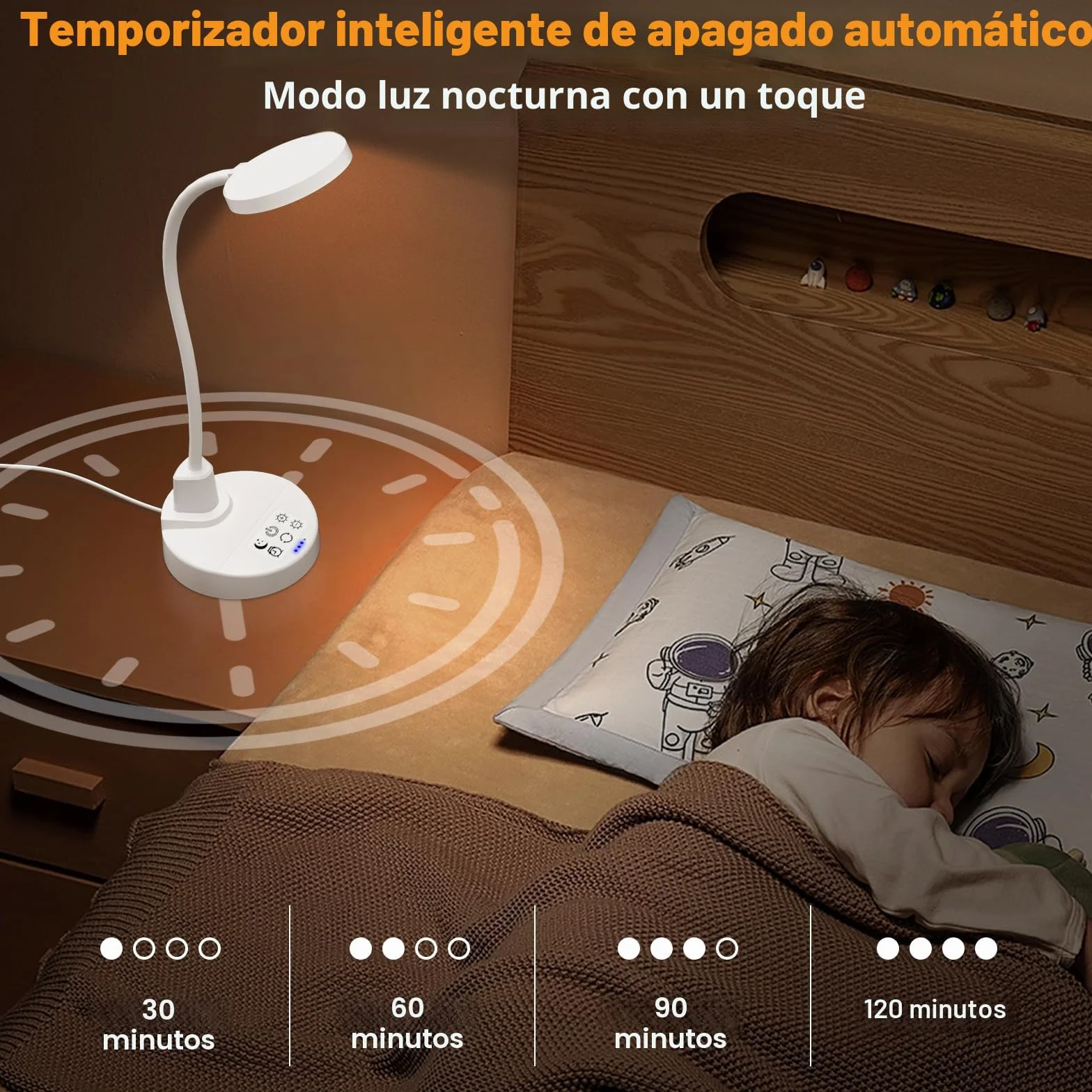 Lámpara de escritorio LED 15W regulable USB-A USB-C 3 temperaturas de color 5 niveles de brillo cuello cisne flexible 360° protección ojos