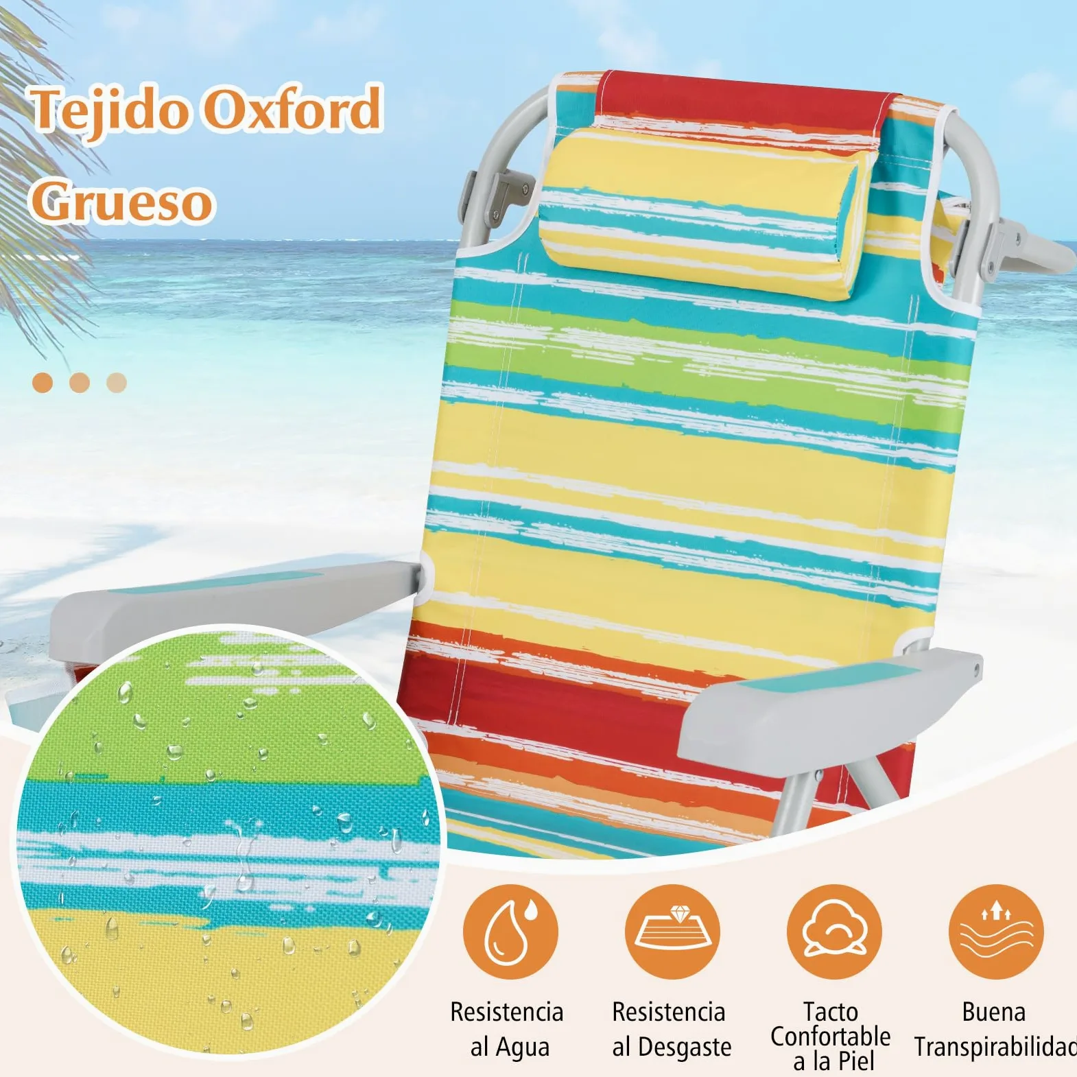 GIANTEX Silla de Playa Plegable con Bolsa de Almacenamiento, Bolsillos Laterales, Reposacabezas y Soporte para Toallas, Respaldo Ajustable 5 Niveles (2, Rayas Coloridas, 65 x 66 x 78 cm)