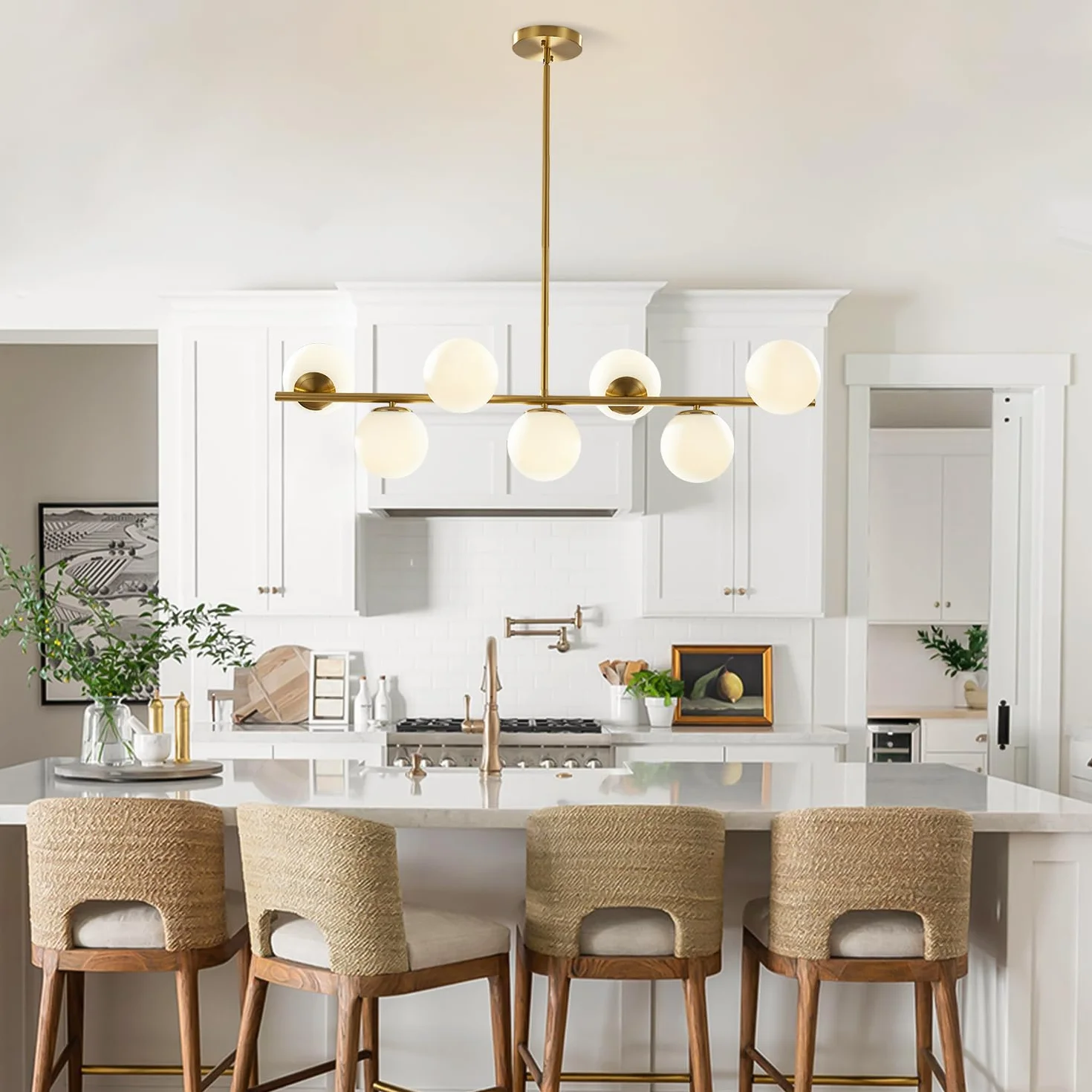 KCO Lighting Lámpara Colgante de Comedor Moderna de Metal Dorado, 7 Luces E27, Altura Ajustable 80 cm